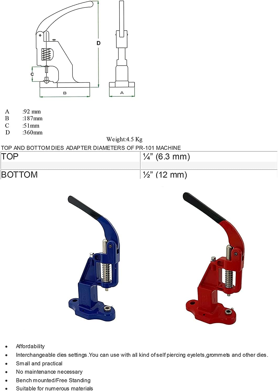 Hand Press with Total 200 Sets (800 Pieces) Rust Free 12.5mm (20L - ln20) Snaps and 15mm (24L-ln24) Snaps with Dies and Hole Punches