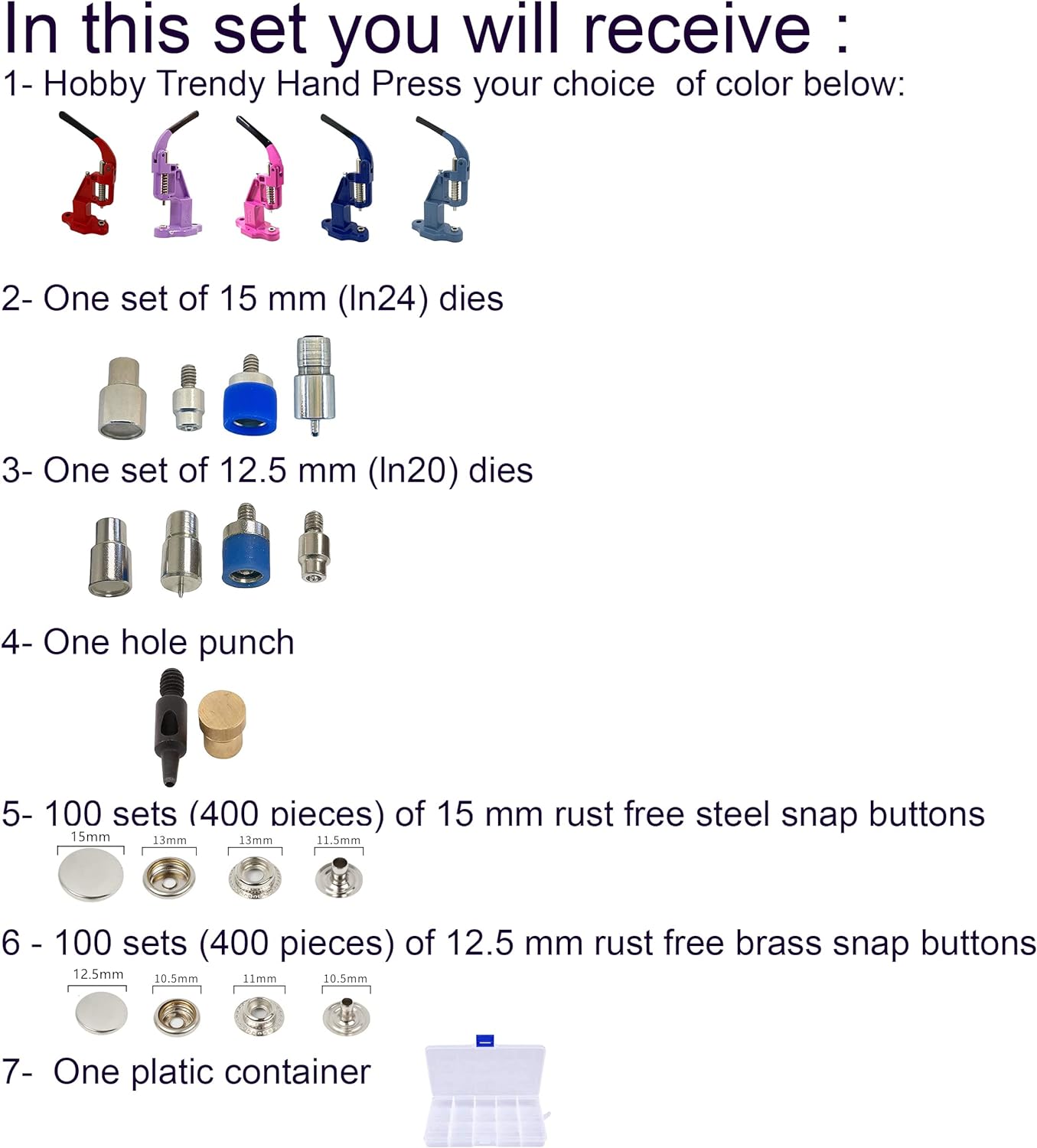Hand Press with Total 200 Sets (800 Pieces) Rust Free 12.5mm (20L - ln20) Snaps and 15mm (24L-ln24) Snaps with Dies and Hole Punches