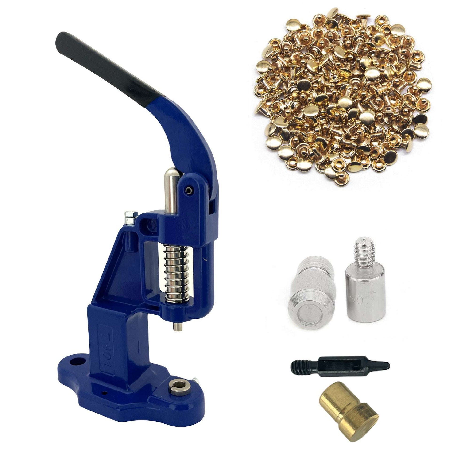 Double Cap 9mm Rivets Kit (1000 pcs) with Hand Press Machine, Dies and Hole Punch