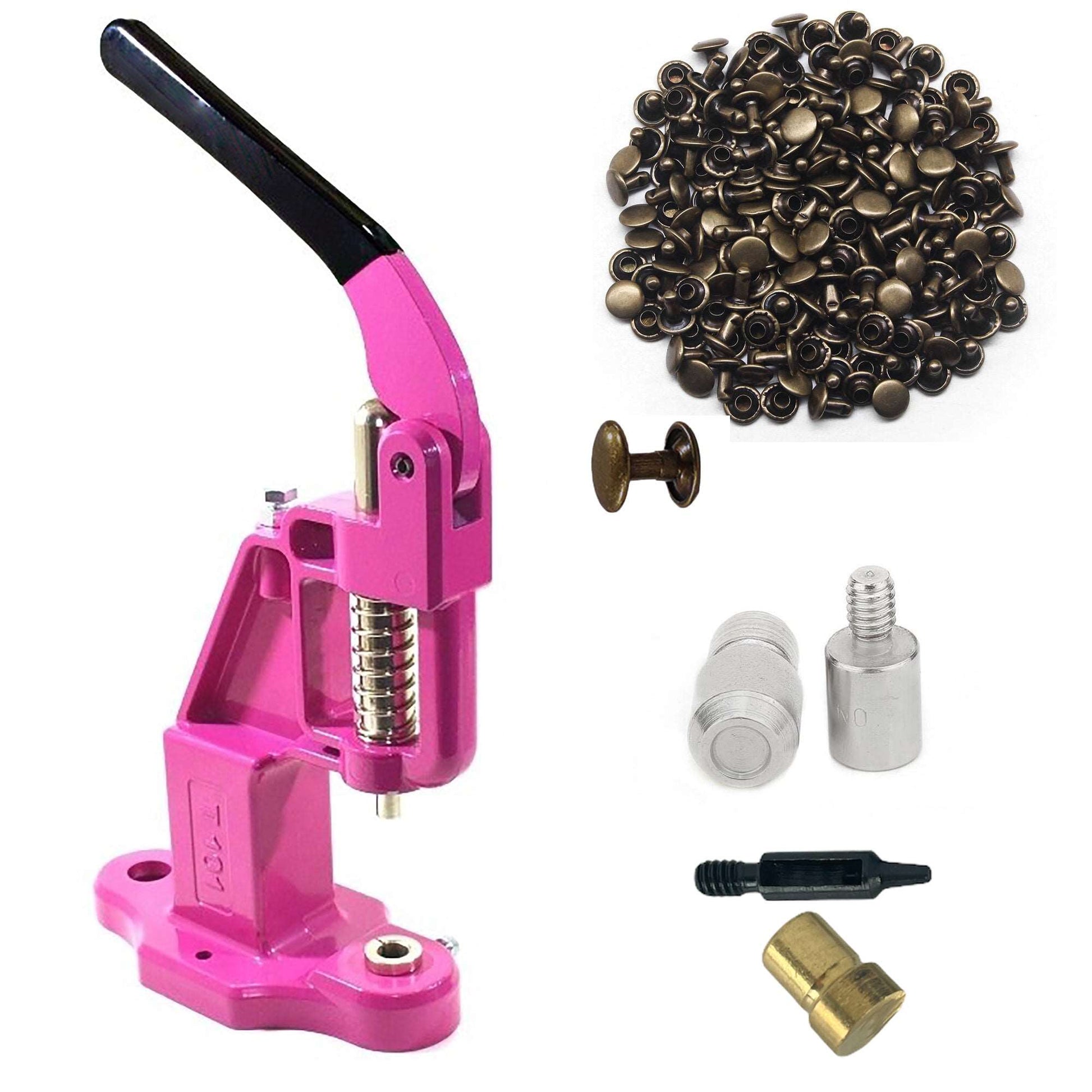 Double Cap 9mm Rivets Kit (1000 pcs) with Hand Press Machine, Dies and Hole Punch