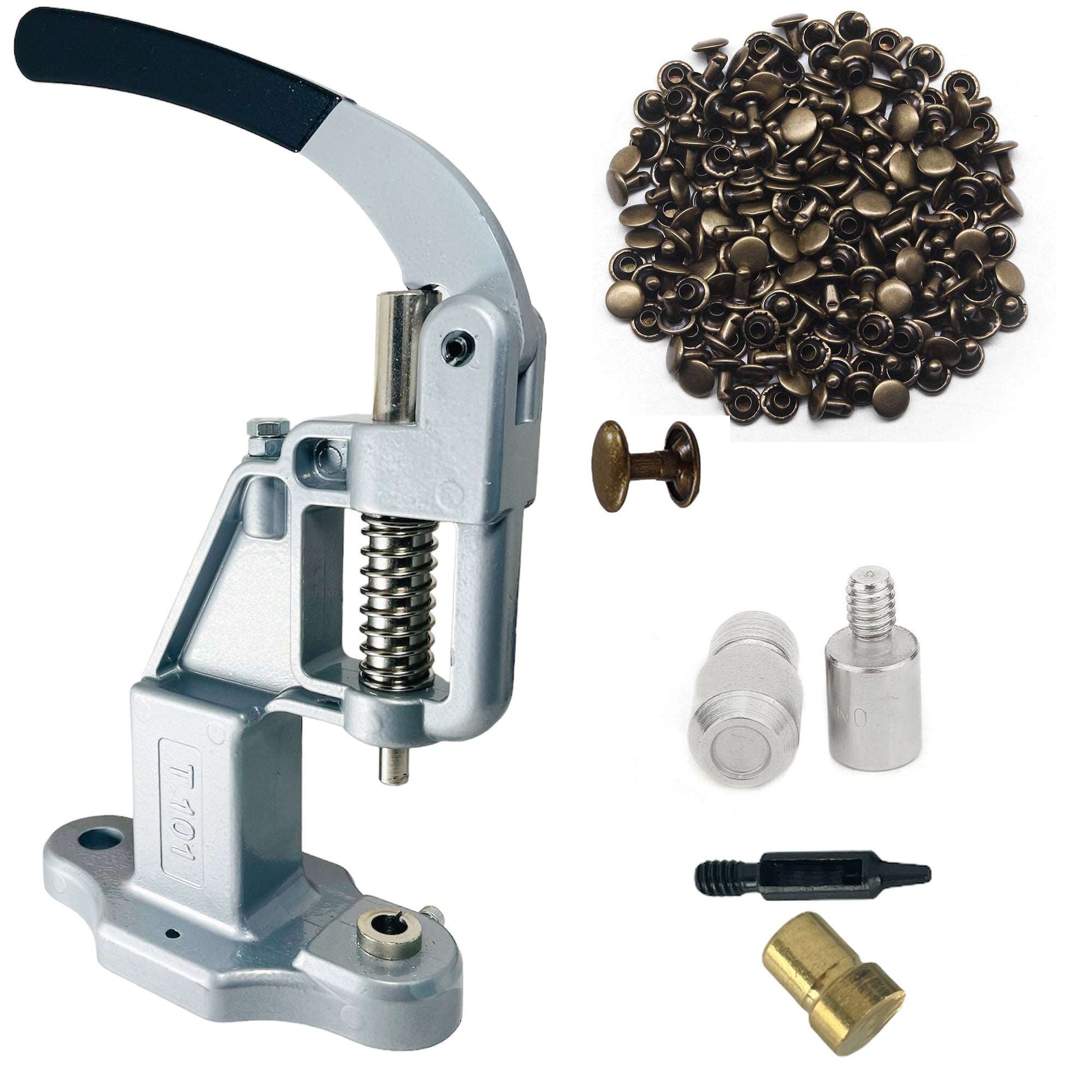 Double Cap 9mm Rivets Kit (1000 pcs) with Hand Press Machine, Dies and Hole Punch
