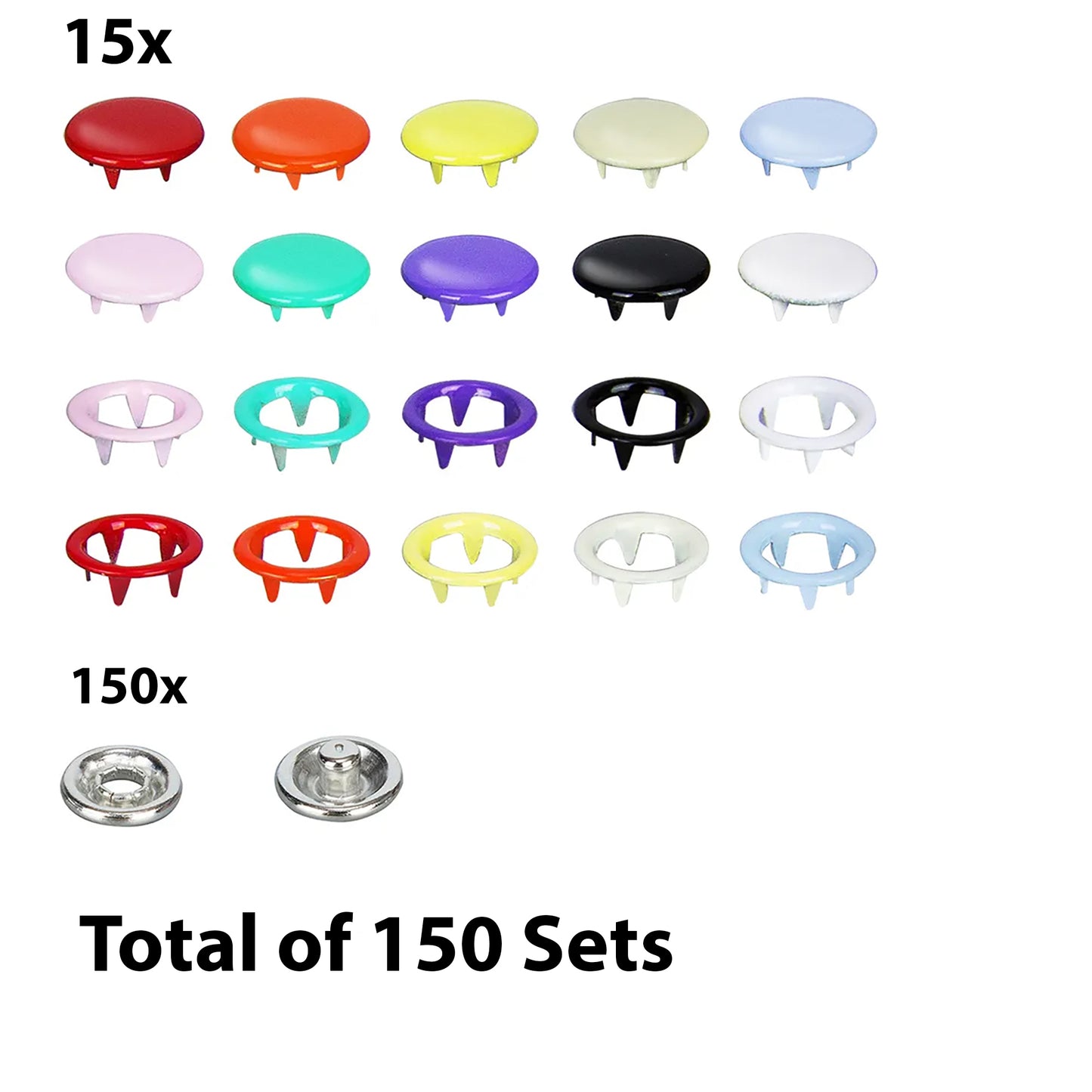 150Sets 9.5 mm Prong Colored Capped snaps in 15 colors