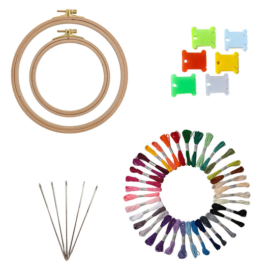 Embroidery Kit with 2 Beech Wood Hoops(19 and 25 cm), 100% Cotton Embroidery Floss, Needles and Bobbins (36)