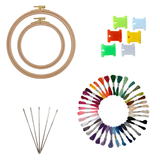 Embroidery Kit with 2 Beech Wood Hoops(13&19cm), 100% Cotton Embroidery Floss, Needles and Bobbins (36)