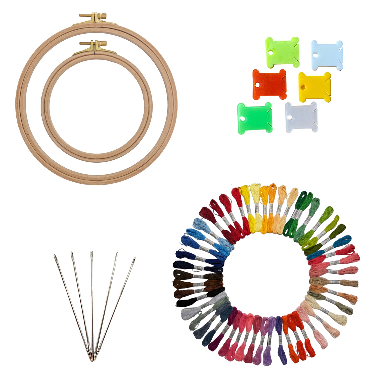 Embroidery Kit with 2 Beech Wood Hoops(13&19cm), 100% Cotton Embroidery Floss, Needles and Bobbins (50)