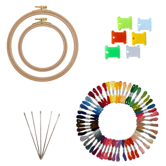 Embroidery Kit with 2 Beech Wood Hoops(13&19cm), 100% Cotton Embroidery Floss, Needles and Bobbins (50)