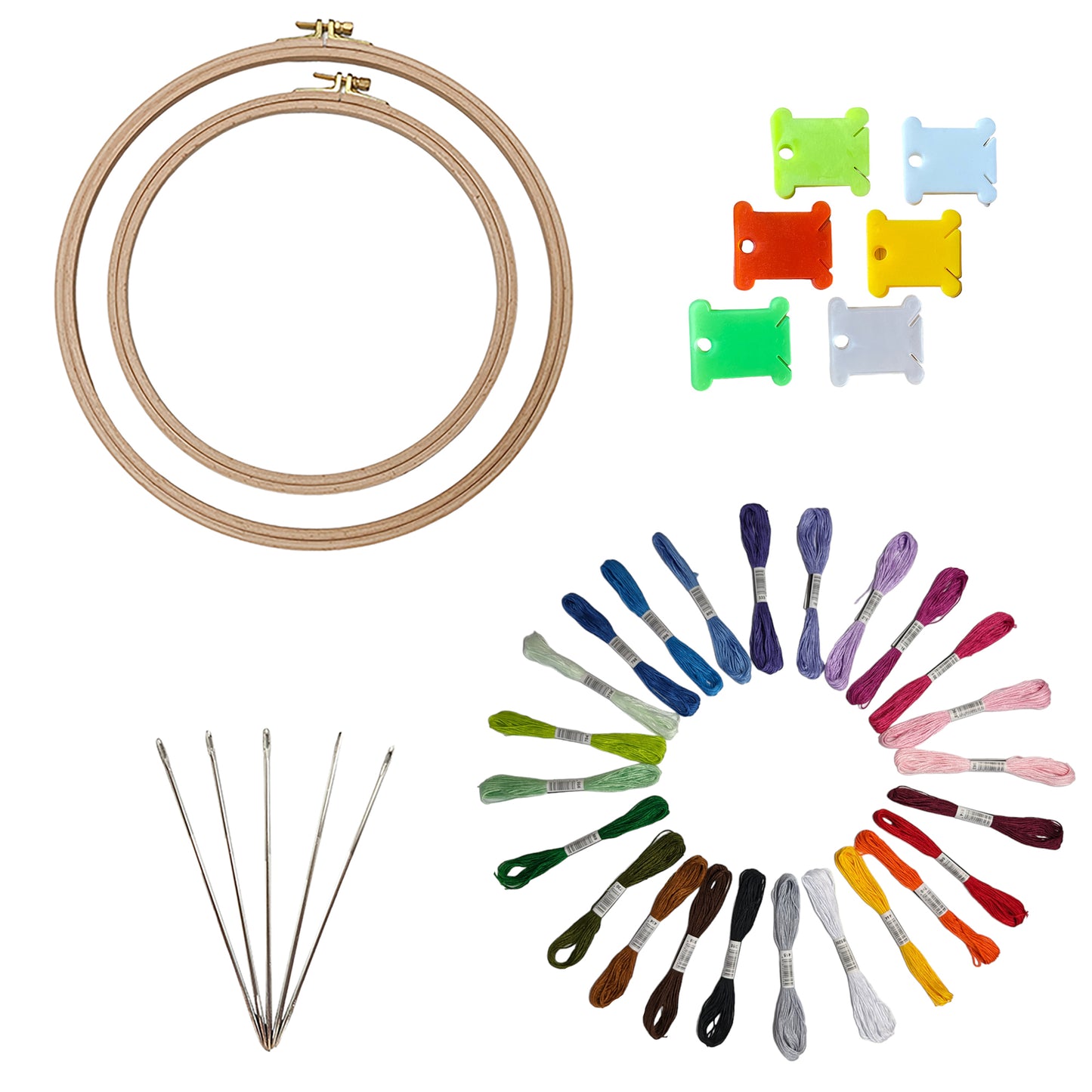 Embroidery Kit with 2 Beech Wood Hoops(19 and 25 cm), 100% Cotton Embroidery Floss, Needles and Bobbins (24)
