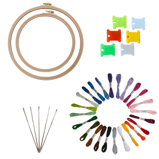 Embroidery Kit with 2 Beech Wood Hoops(19 and 25 cm), 100% Cotton Embroidery Floss, Needles and Bobbins (24)