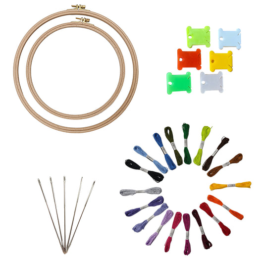Embroidery Kit with 2 Beech Wood Hoops(19 and 25cm), 100% Cotton Embroidery Floss, Needles and Bobbins (18)