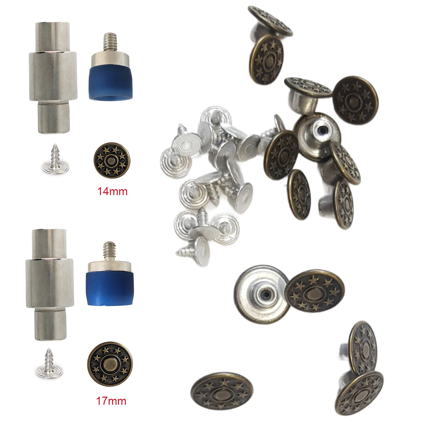 Hobby Trendy Hand Press with Brass 14 & 17 mm Jean Buttons Nipple Rivets 5mm (Nr3) Eyelets 7 and 9 mm Single Capped Rivets matching Dies and Hole Punch