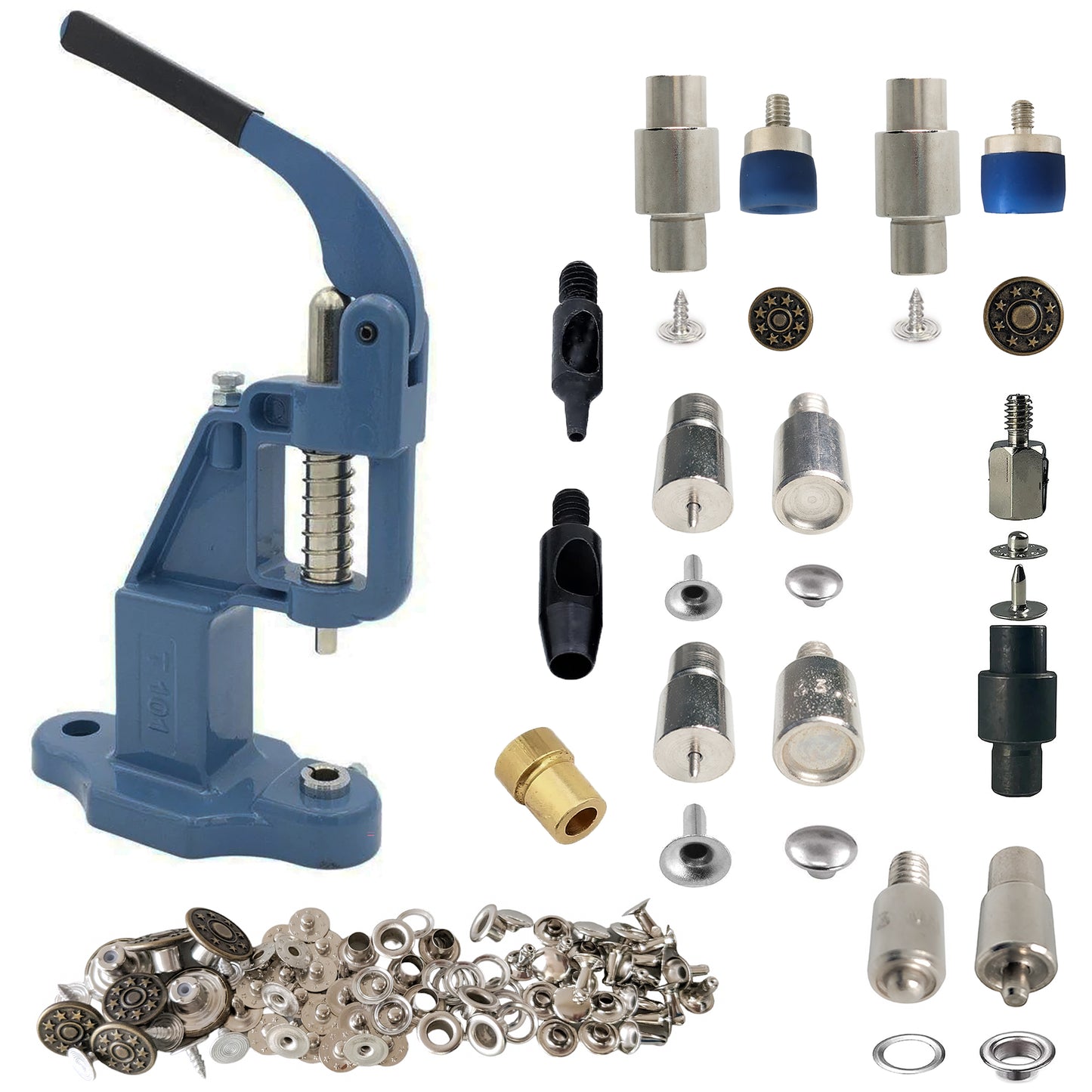 Hobby Trendy Hand Press with Brass 14 & 17 mm Jean Buttons Nipple Rivets 5mm (Nr3) Eyelets 7 and 9 mm Single Capped Rivets matching Dies and Hole Punch