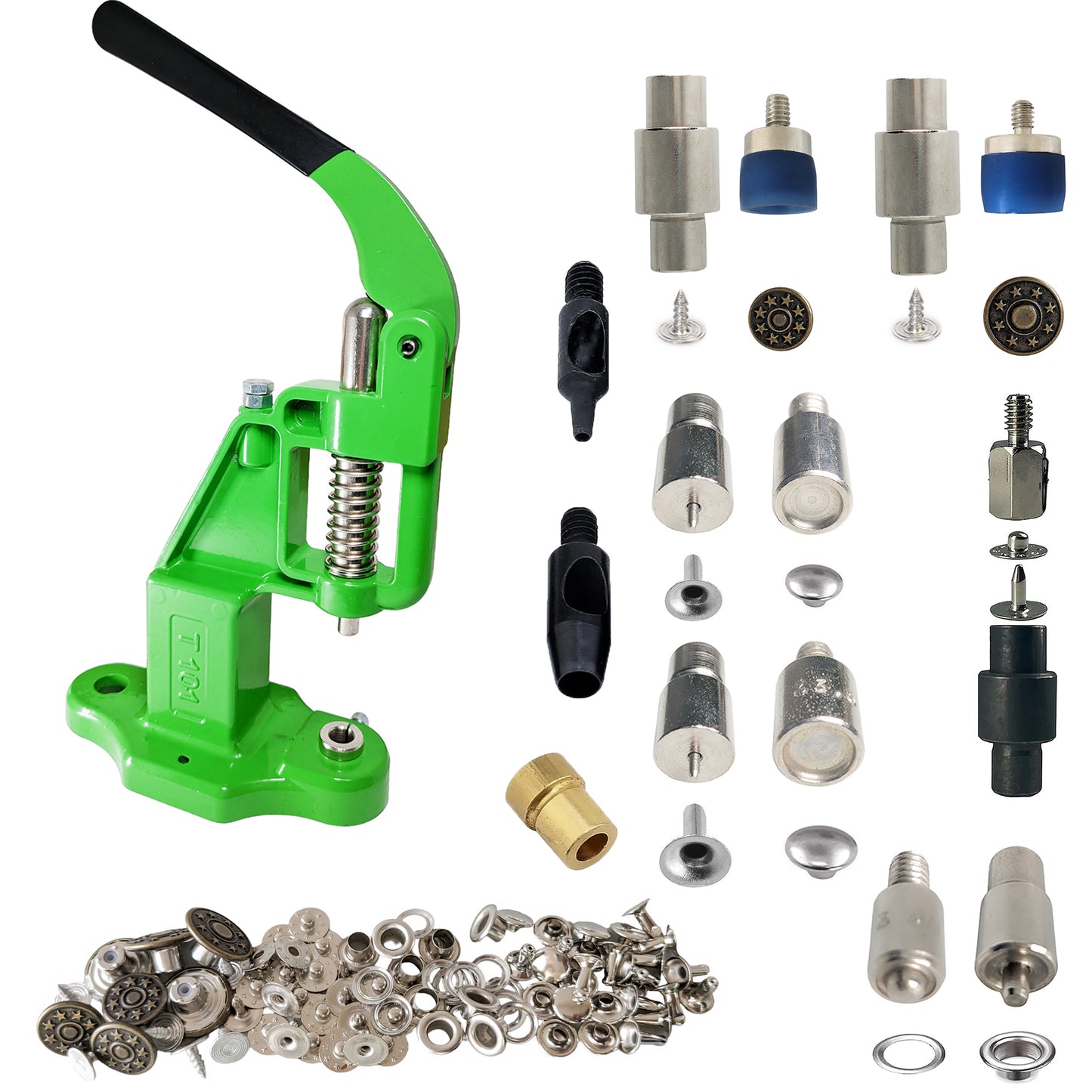 Hobby Trendy Hand Press with Brass 14 & 17 mm Jean Buttons Nipple Rivets 5mm (Nr3) Eyelets 7 and 9 mm Single Capped Rivets matching Dies and Hole Punch