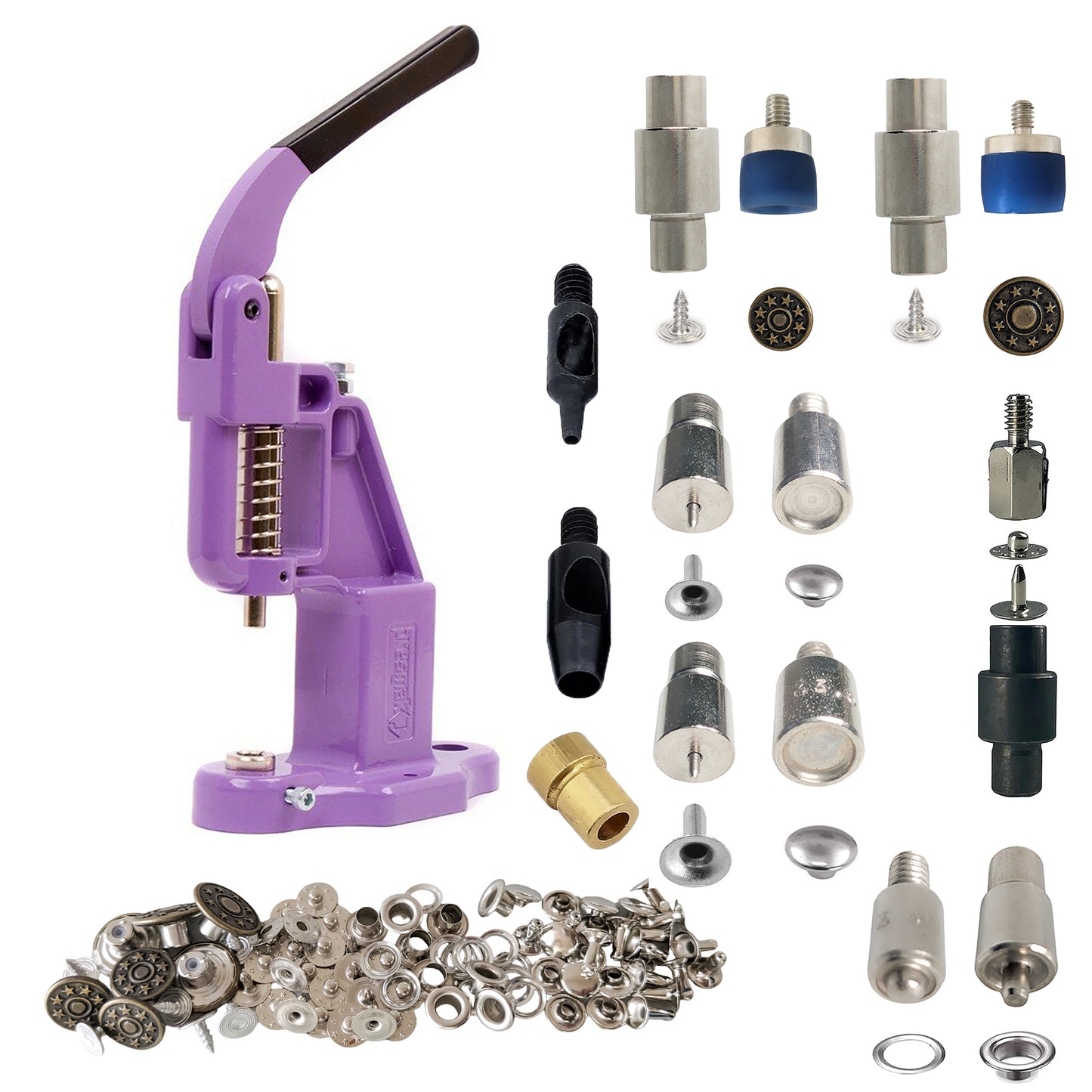 Hobby Trendy Hand Press with Brass 14 & 17 mm Jean Buttons Nipple Rivets 5mm (Nr3) Eyelets 7 and 9 mm Single Capped Rivets matching Dies and Hole Punch