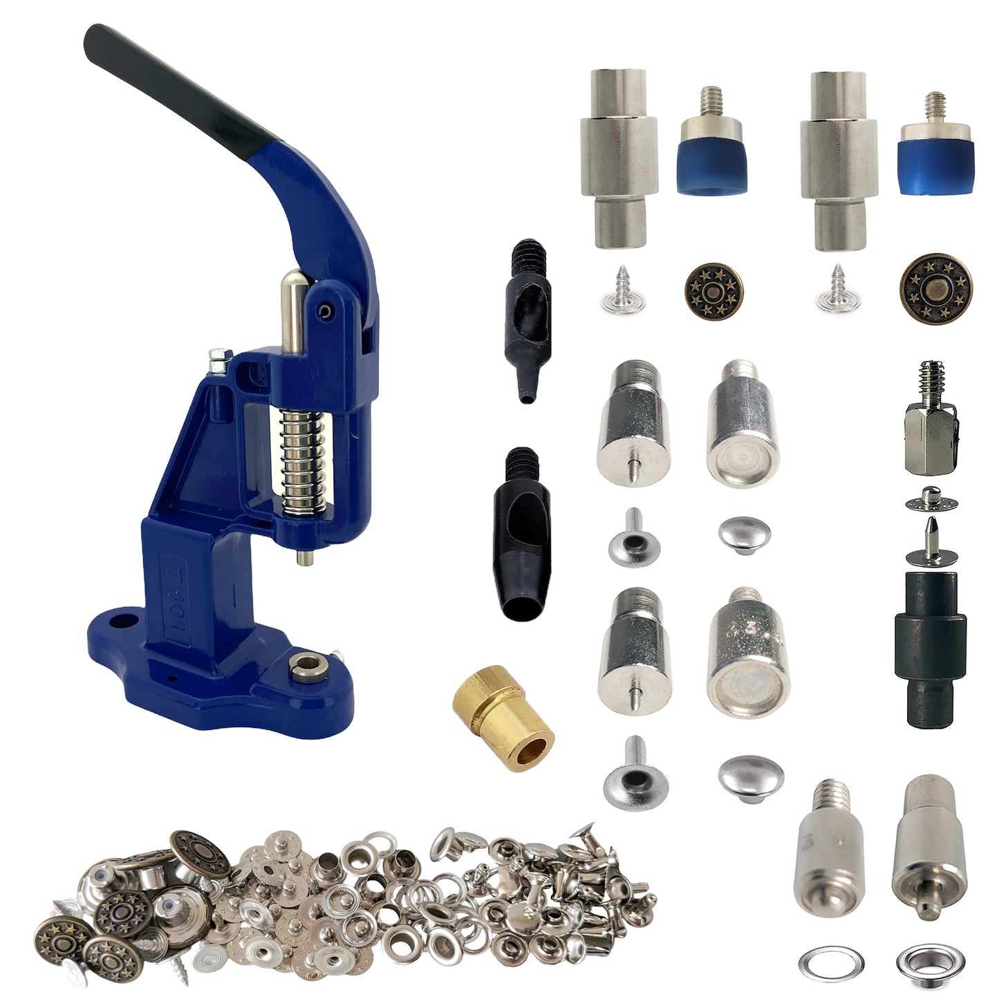 Hobby Trendy Hand Press with Brass 14 & 17 mm Jean Buttons Nipple Rivets 5mm (Nr3) Eyelets 7 and 9 mm Single Capped Rivets matching Dies and Hole Punch