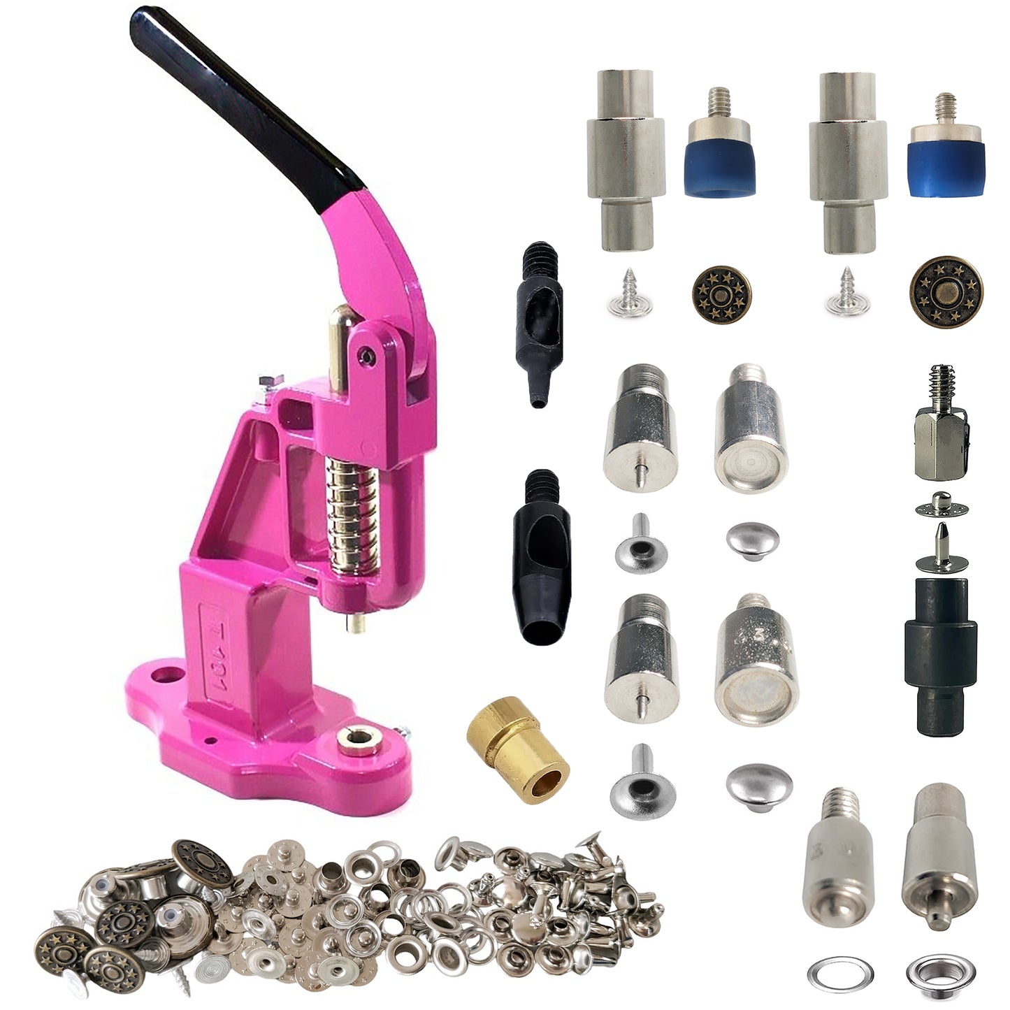 Hobby Trendy Hand Press with Brass 14 & 17 mm Jean Buttons Nipple Rivets 5mm (Nr3) Eyelets 7 and 9 mm Single Capped Rivets matching Dies and Hole Punch