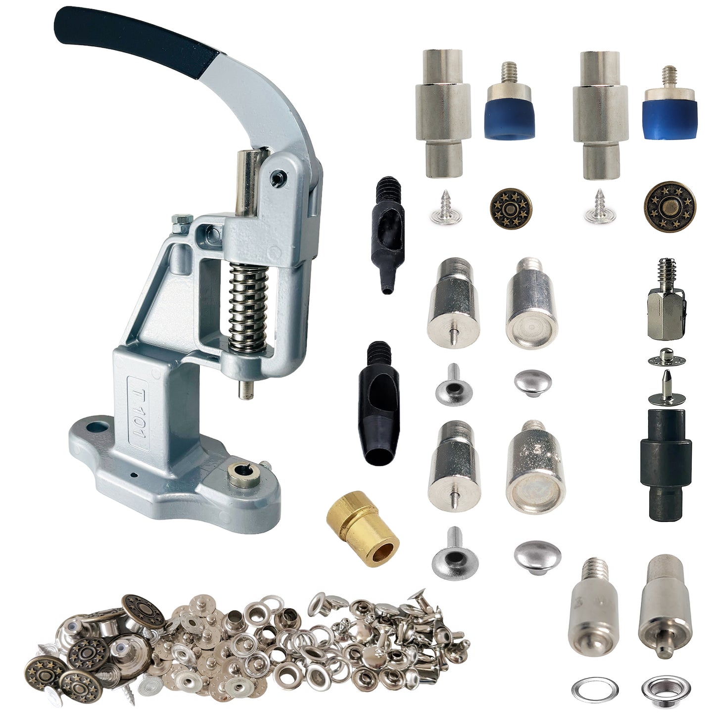 Hobby Trendy Hand Press with Brass 14 & 17 mm Jean Buttons Nipple Rivets 5mm (Nr3) Eyelets 7 and 9 mm Single Capped Rivets matching Dies and Hole Punch