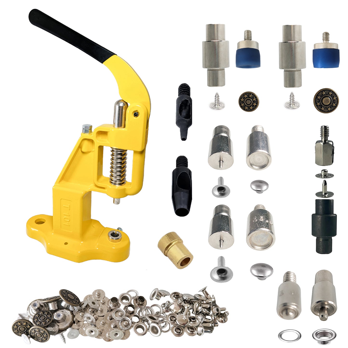 Hobby Trendy Hand Press with Brass 14 & 17 mm Jean Buttons Nipple Rivets 5mm (Nr3) Eyelets 7 and 9 mm Single Capped Rivets matching Dies and Hole Punch