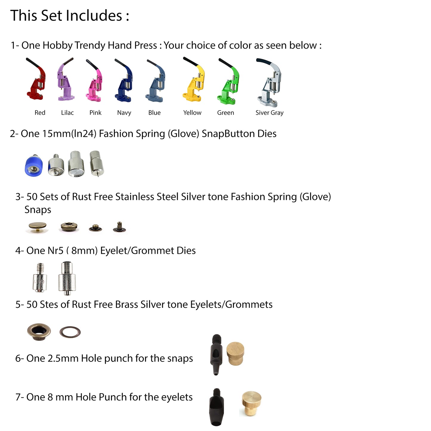 Hobby Trendy Hand Press with Rust Free Steel 50 Sets Ln24 15mm Fashion Spring Glove Snaps and 50 Sets Brass 8 mm (Nr5) Eyelets, Matching Dies and Hole Punches For Leather Bags Jeans