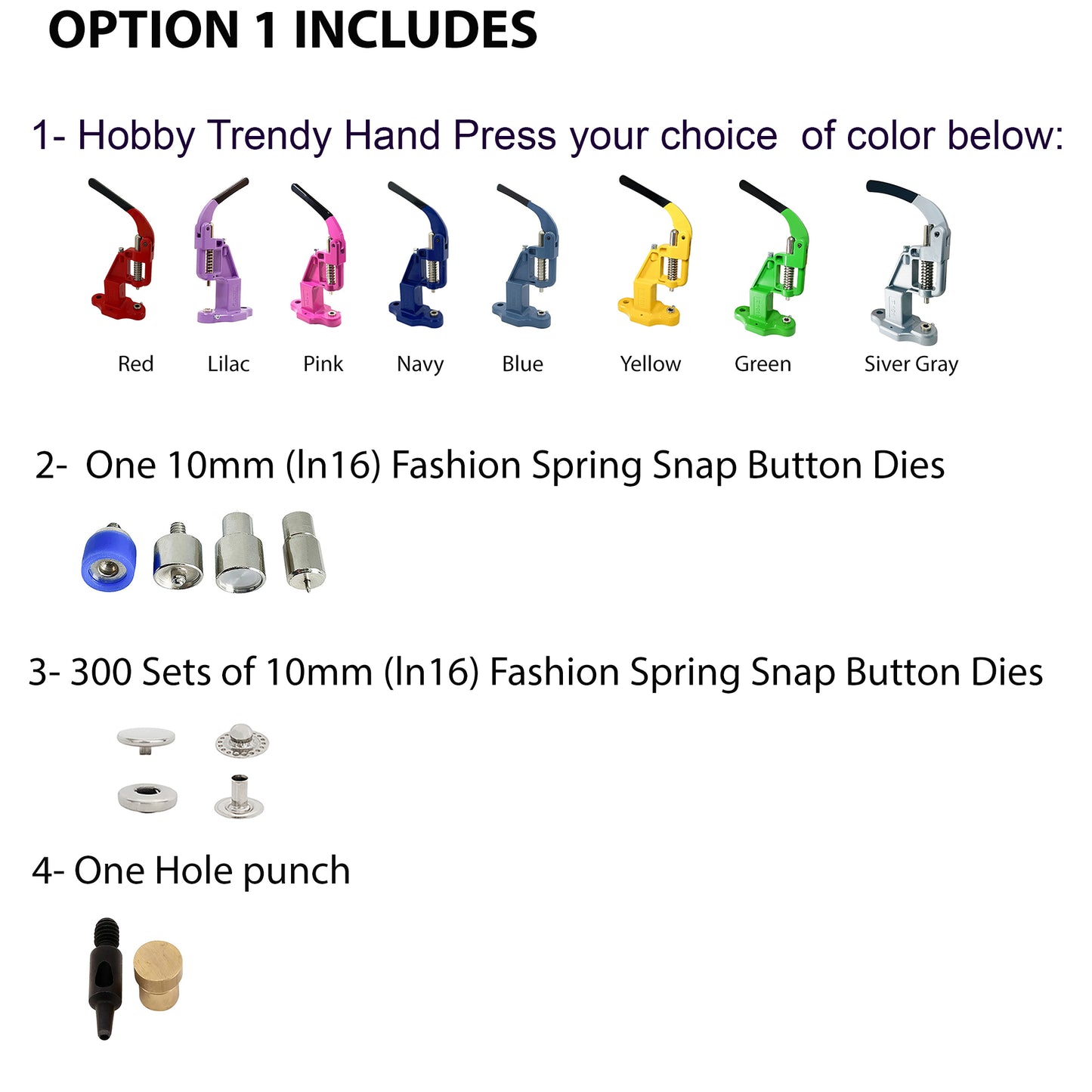Hobby Trendy Hand Press Set with 300 Sets of Stainless Steel Fashion Spring Snap Buttons and Matching Dies and a Hole Punch