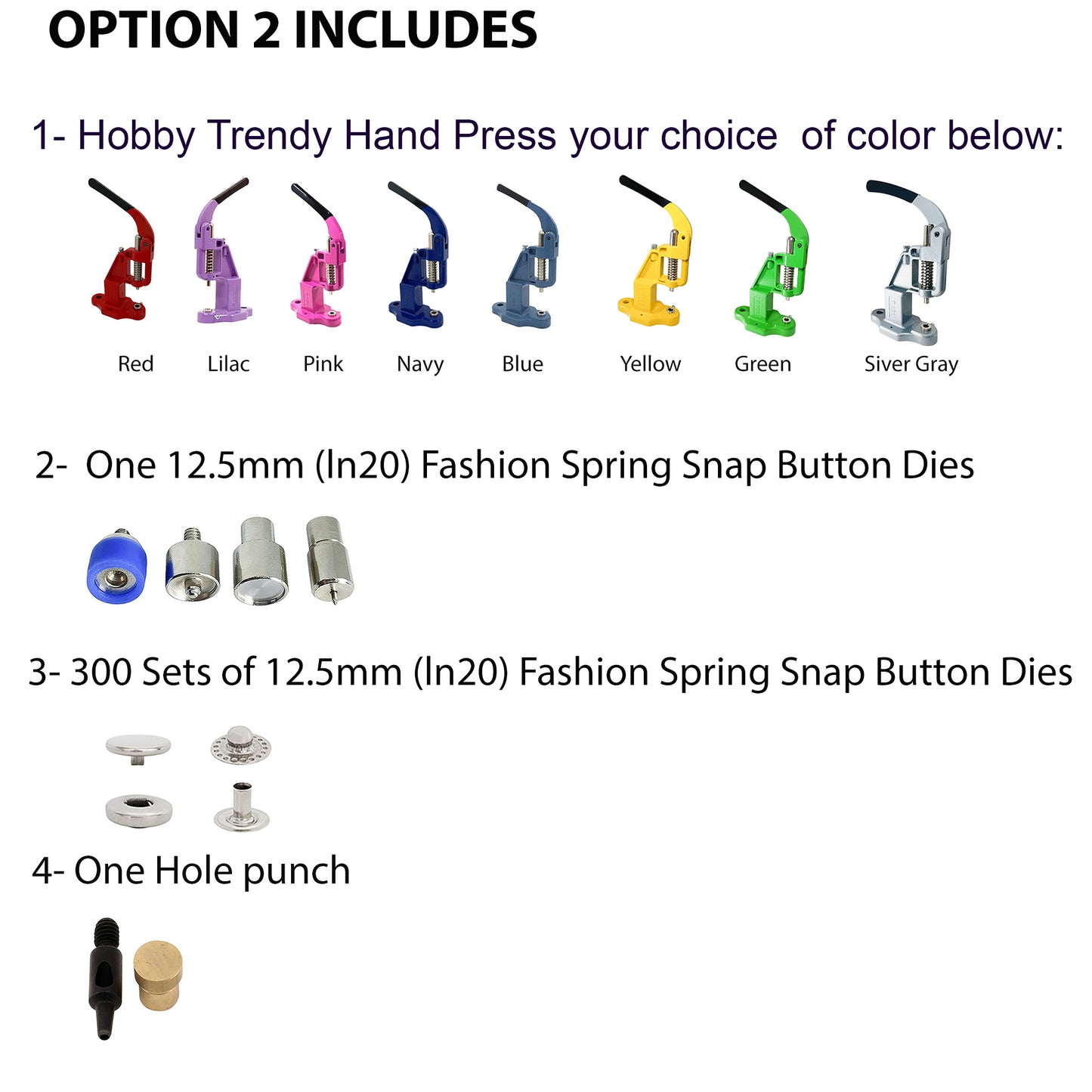 Hobby Trendy Hand Press Set with 300 Sets of Stainless Steel Fashion Spring Snap Buttons and Matching Dies and a Hole Punch