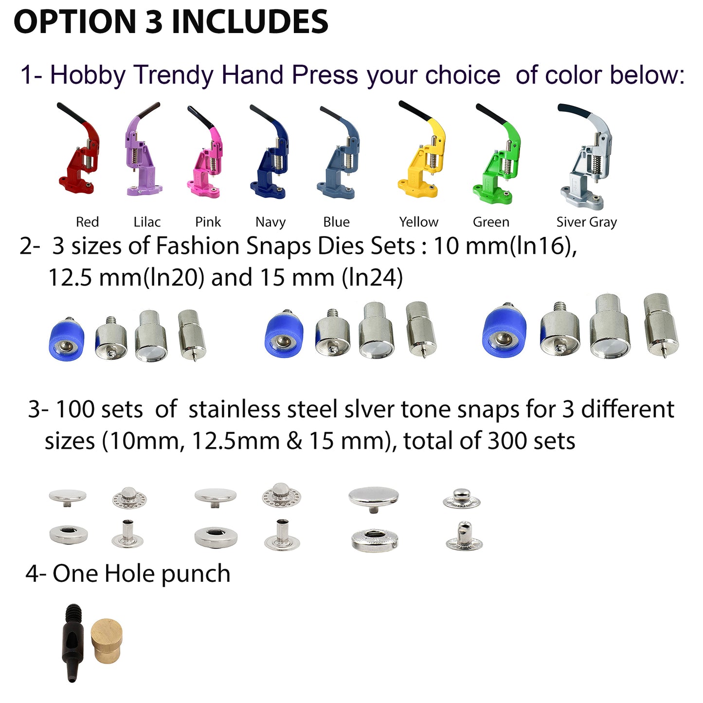 Hobby Trendy Hand Press Set with 300 Sets of Stainless Steel Fashion Spring Snap Buttons and Matching Dies and a Hole Punch