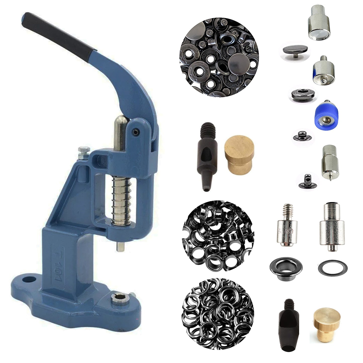 Hobby Trendy Hand Press with Rust Free Steel 50 Sets Ln24 15mm Fashion Spring Glove Snaps and 50 Sets Brass 8 mm (Nr5) Eyelets, Matching Dies and Hole Punches For Leather Bags Jeans