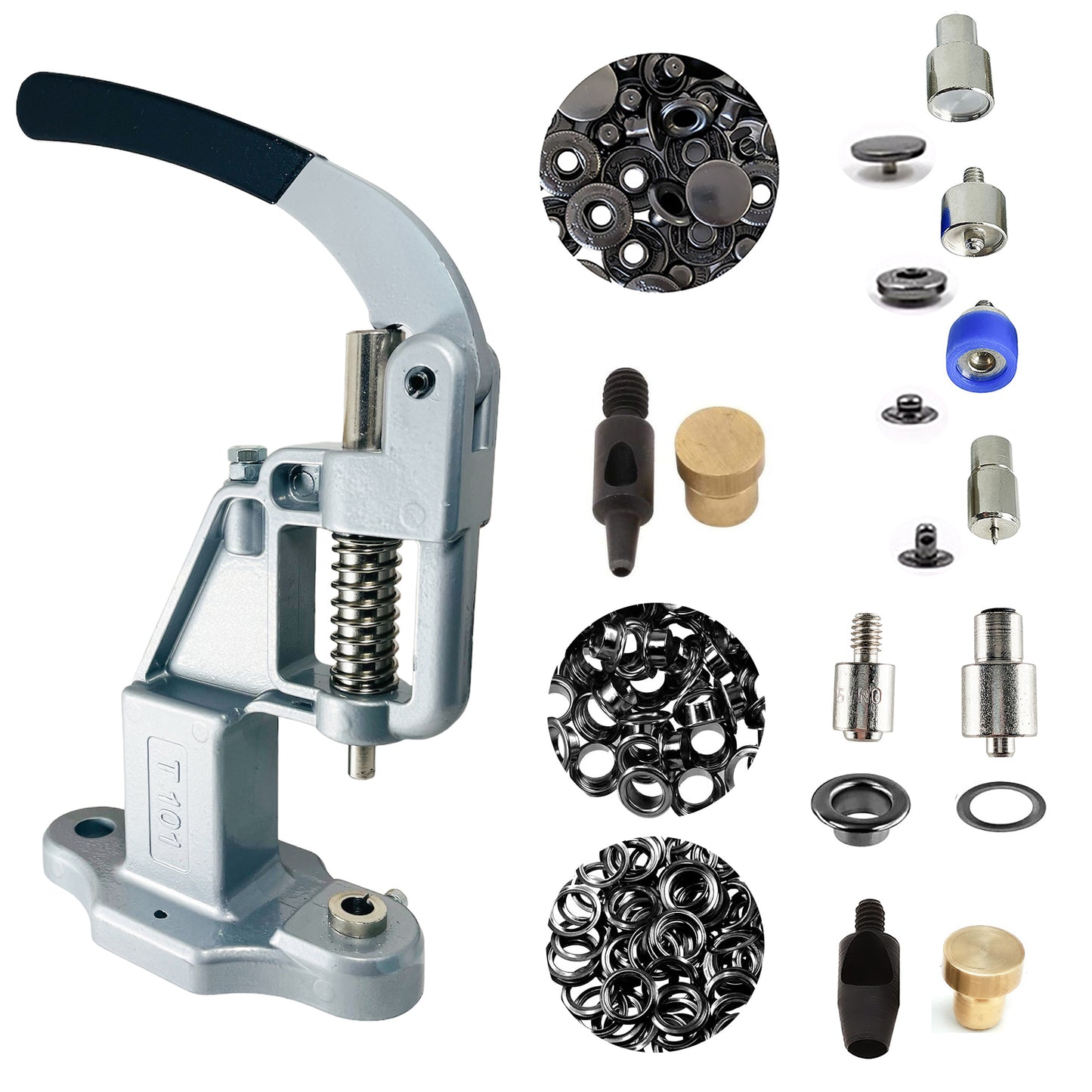 Hobby Trendy Hand Press with Rust Free Steel 50 Sets Ln24 15mm Fashion Spring Glove Snaps and 50 Sets Brass 8 mm (Nr5) Eyelets, Matching Dies and Hole Punches For Leather Bags Jeans