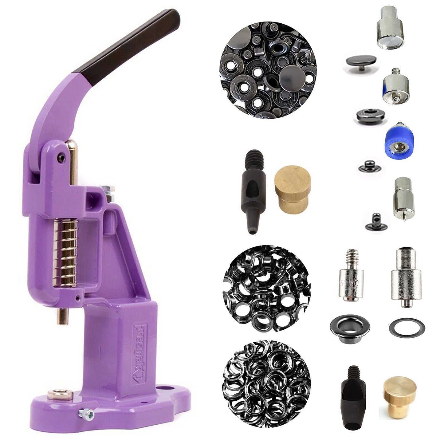 Hobby Trendy Hand Press with Rust Free Steel 50 Sets Ln24 15mm Fashion Spring Glove Snaps and 50 Sets Brass 8 mm (Nr5) Eyelets, Matching Dies and Hole Punches For Leather Bags Jeans