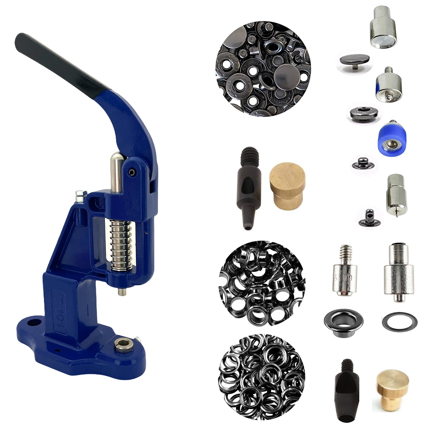 Hobby Trendy Hand Press with Rust Free Steel 50 Sets Ln24 15mm Fashion Spring Glove Snaps and 50 Sets Brass 8 mm (Nr5) Eyelets, Matching Dies and Hole Punches For Leather Bags Jeans