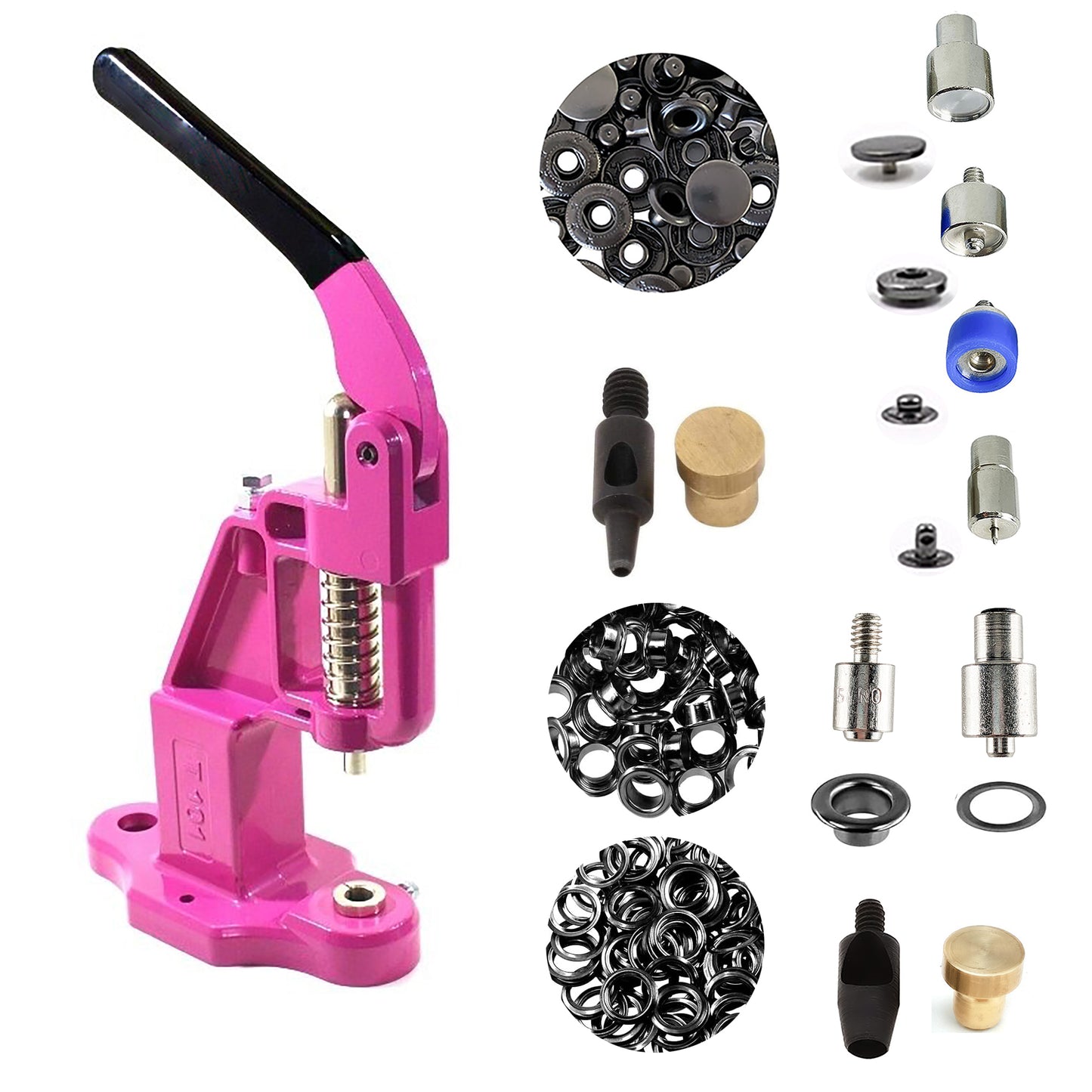 Hobby Trendy Hand Press with Rust Free Steel 50 Sets Ln24 15mm Fashion Spring Glove Snaps and 50 Sets Brass 8 mm (Nr5) Eyelets, Matching Dies and Hole Punches For Leather Bags Jeans