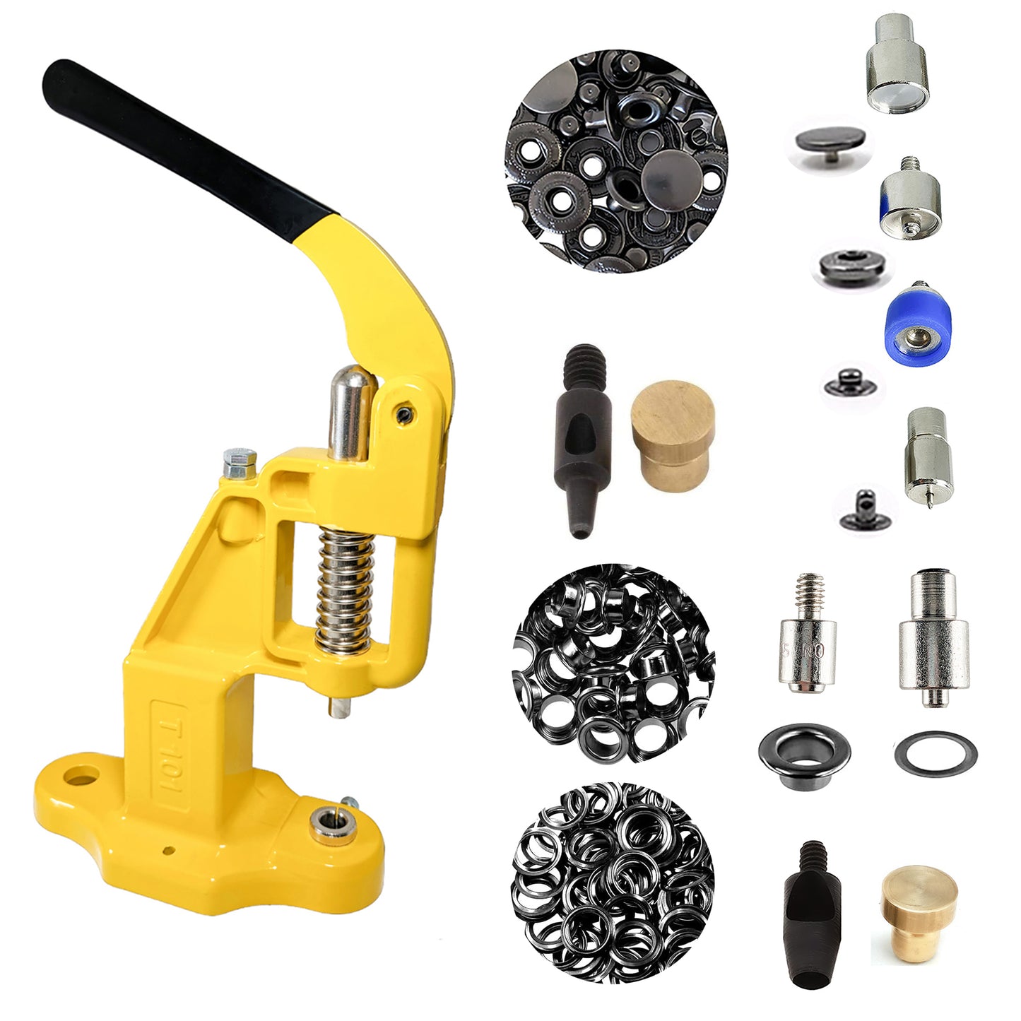 Hobby Trendy Hand Press with Rust Free Steel 50 Sets Ln24 15mm Fashion Spring Glove Snaps and 50 Sets Brass 8 mm (Nr5) Eyelets, Matching Dies and Hole Punches For Leather Bags Jeans