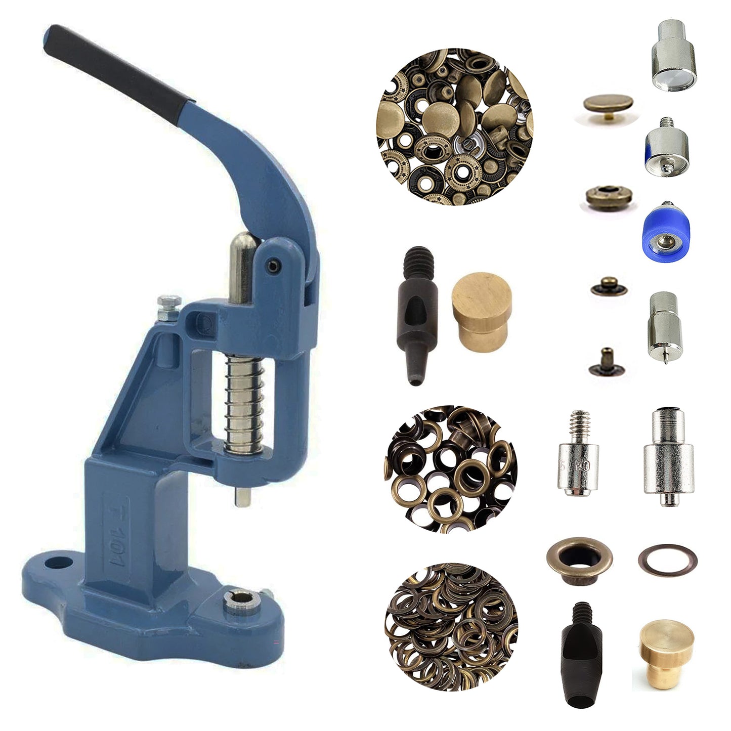 Hobby Trendy Hand Press with Rust Free Steel 50 Sets Ln24 15mm Fashion Spring Glove Snaps and 50 Sets Brass 8 mm (Nr5) Eyelets, Matching Dies and Hole Punches For Leather Bags Jeans