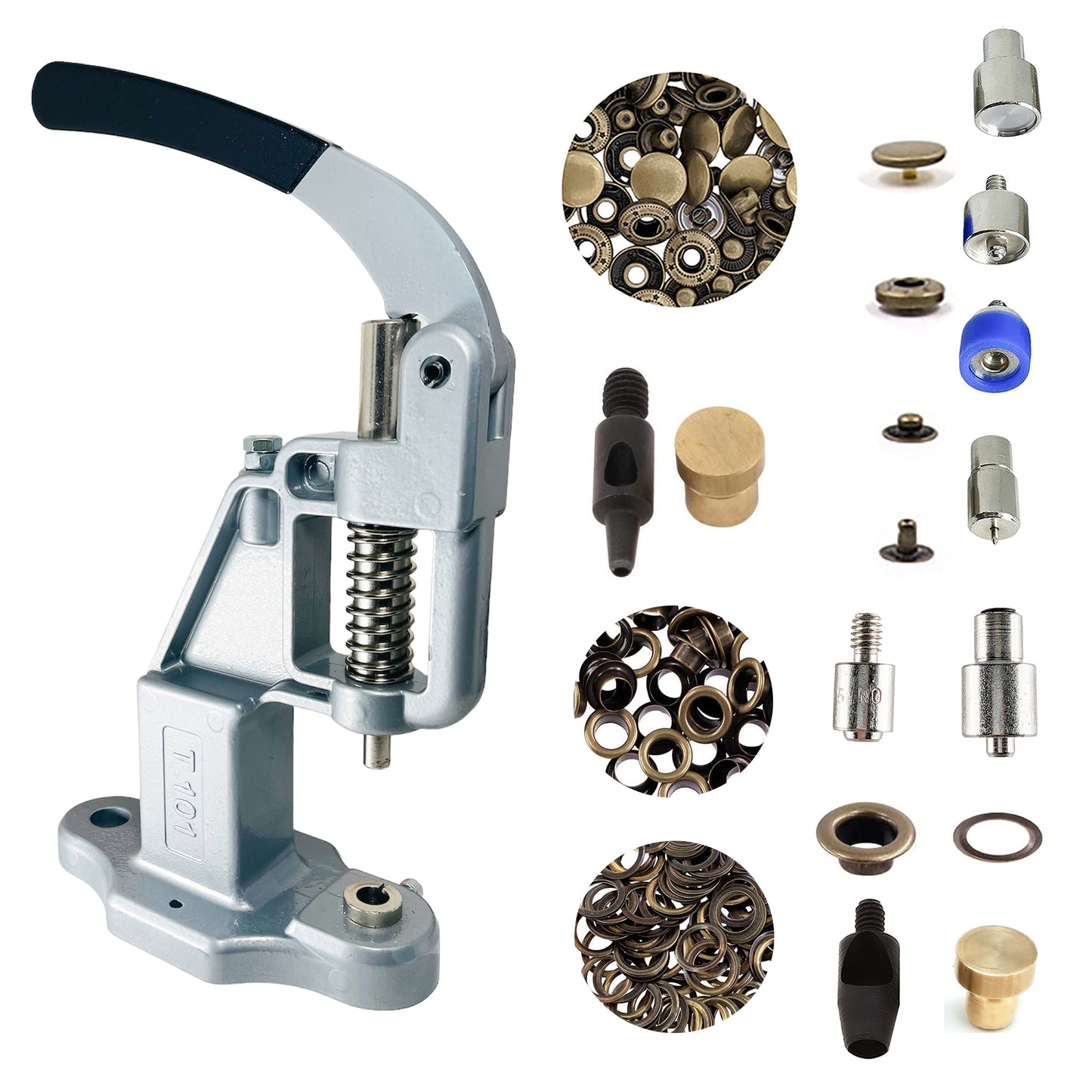 Hobby Trendy Hand Press with Rust Free Steel 50 Sets Ln24 15mm Fashion Spring Glove Snaps and 50 Sets Brass 8 mm (Nr5) Eyelets, Matching Dies and Hole Punches For Leather Bags Jeans