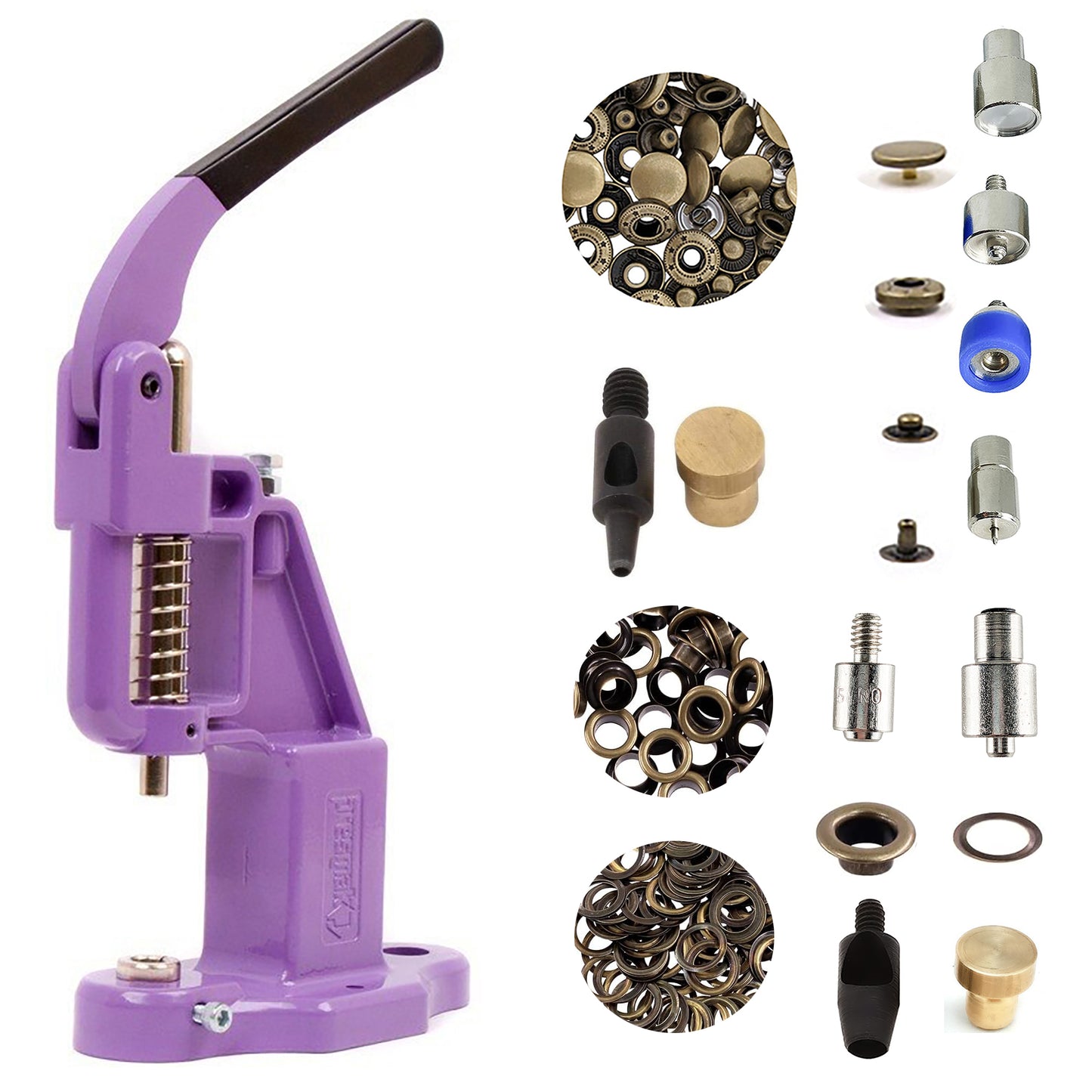 Hobby Trendy Hand Press with Rust Free Steel 50 Sets Ln24 15mm Fashion Spring Glove Snaps and 50 Sets Brass 8 mm (Nr5) Eyelets, Matching Dies and Hole Punches For Leather Bags Jeans