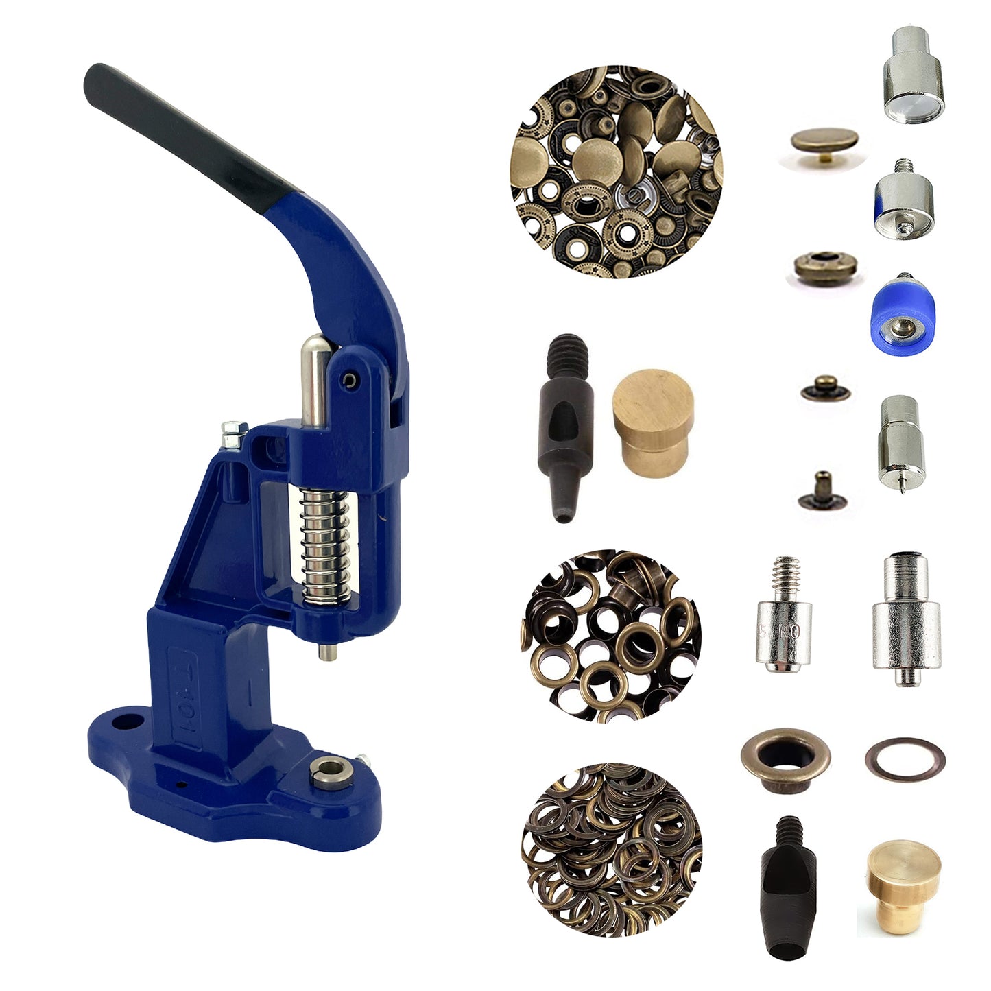 Hobby Trendy Hand Press with Rust Free Steel 50 Sets Ln24 15mm Fashion Spring Glove Snaps and 50 Sets Brass 8 mm (Nr5) Eyelets, Matching Dies and Hole Punches For Leather Bags Jeans