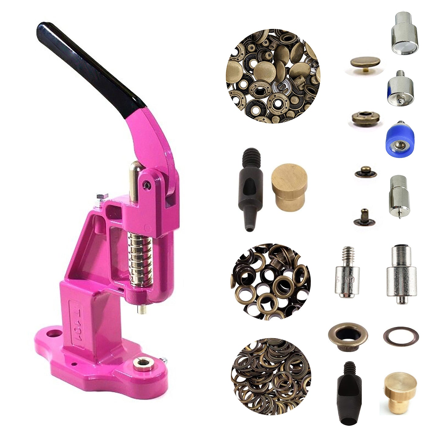 Hobby Trendy Hand Press with Rust Free Steel 50 Sets Ln24 15mm Fashion Spring Glove Snaps and 50 Sets Brass 8 mm (Nr5) Eyelets, Matching Dies and Hole Punches For Leather Bags Jeans