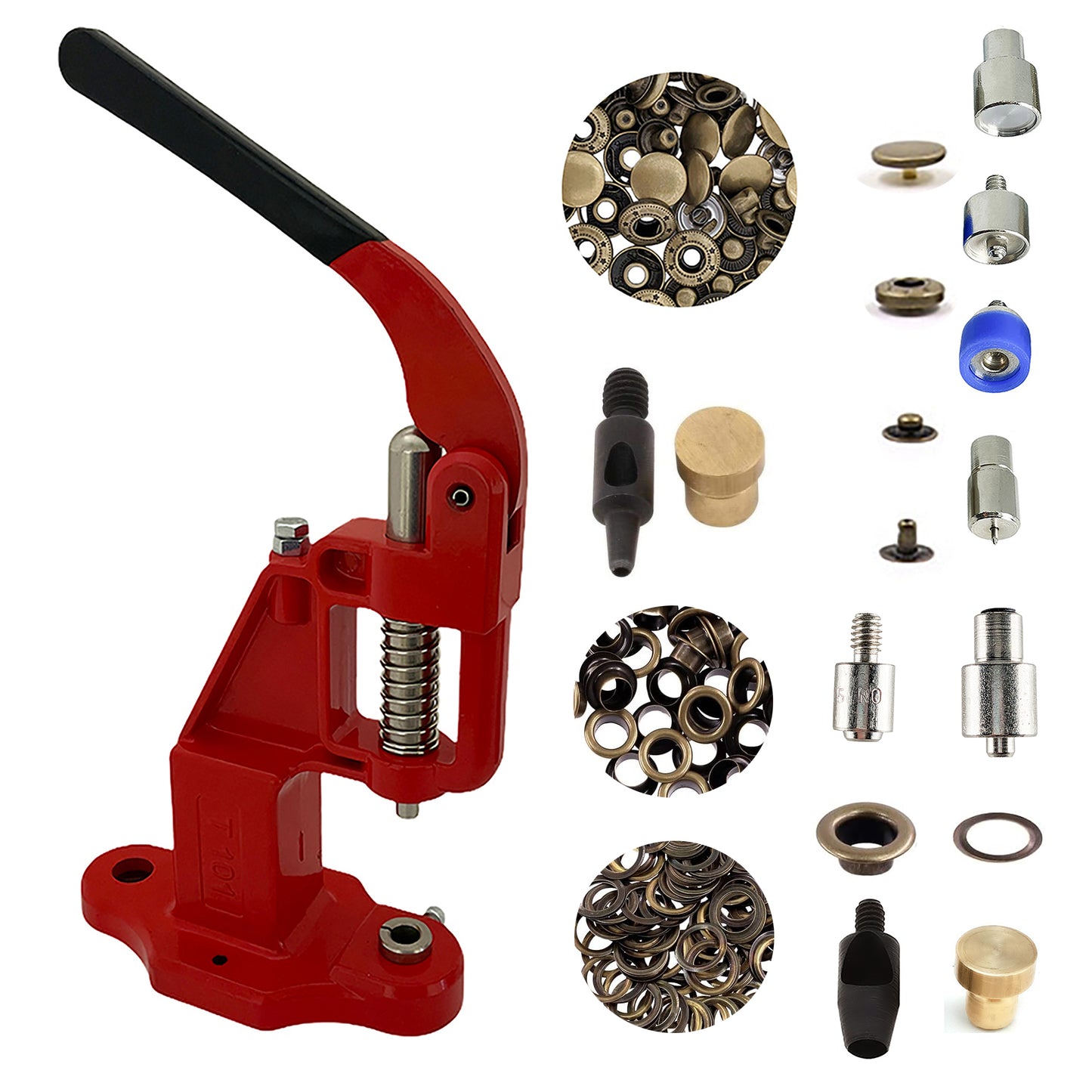 Hobby Trendy Hand Press with Rust Free Steel 50 Sets Ln24 15mm Fashion Spring Glove Snaps and 50 Sets Brass 8 mm (Nr5) Eyelets, Matching Dies and Hole Punches For Leather Bags Jeans
