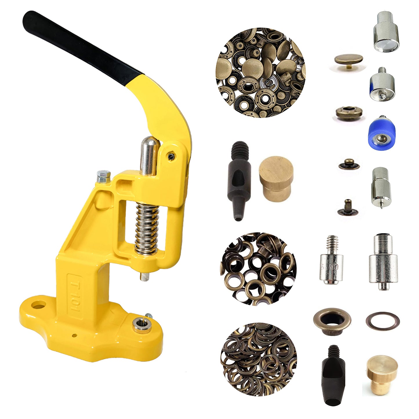 Hobby Trendy Hand Press with Rust Free Steel 50 Sets Ln24 15mm Fashion Spring Glove Snaps and 50 Sets Brass 8 mm (Nr5) Eyelets, Matching Dies and Hole Punches For Leather Bags Jeans