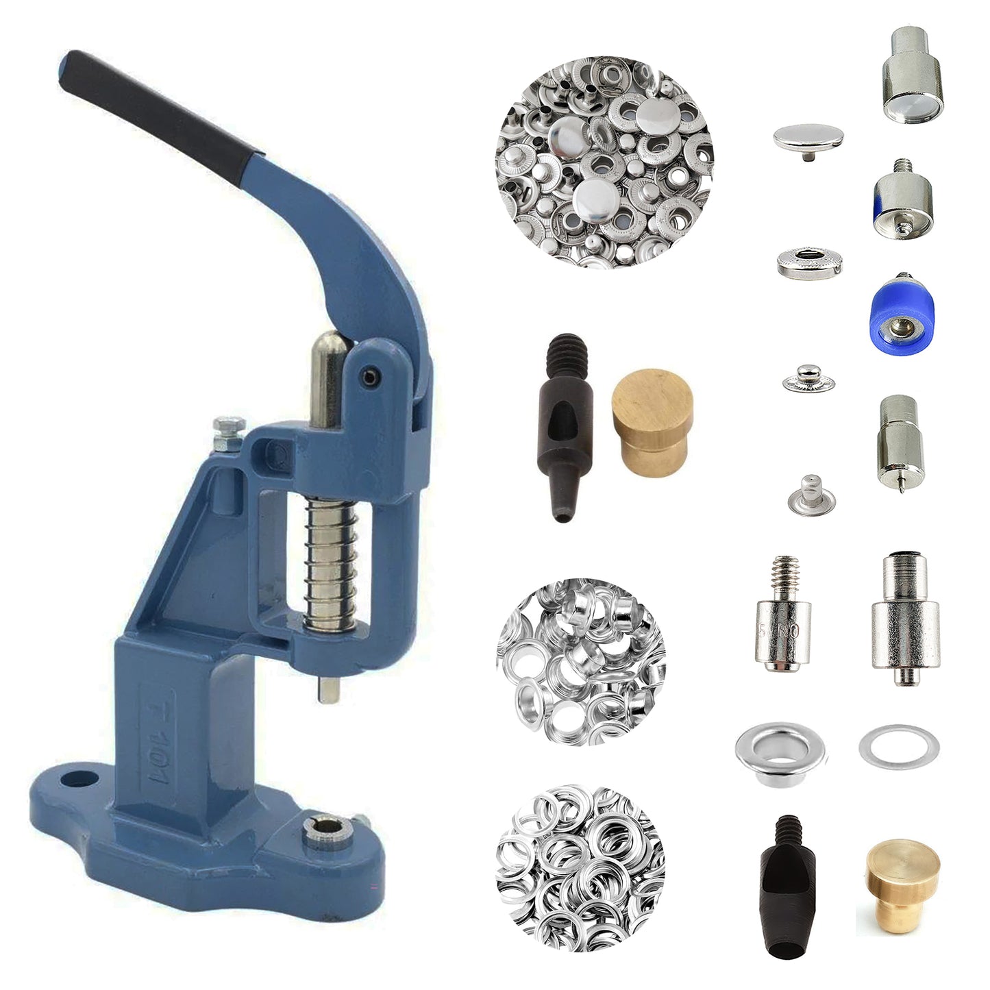 Hobby Trendy Hand Press with Rust Free Steel 50 Sets Ln24 15mm Fashion Spring Glove Snaps and 50 Sets Brass 8 mm (Nr5) Eyelets, Matching Dies and Hole Punches For Leather Bags Jeans