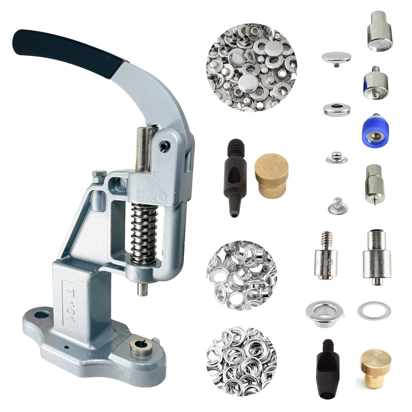 Hobby Trendy Hand Press with Rust Free Steel 50 Sets Ln24 15mm Fashion Spring Glove Snaps and 50 Sets Brass 8 mm (Nr5) Eyelets, Matching Dies and Hole Punches For Leather Bags Jeans