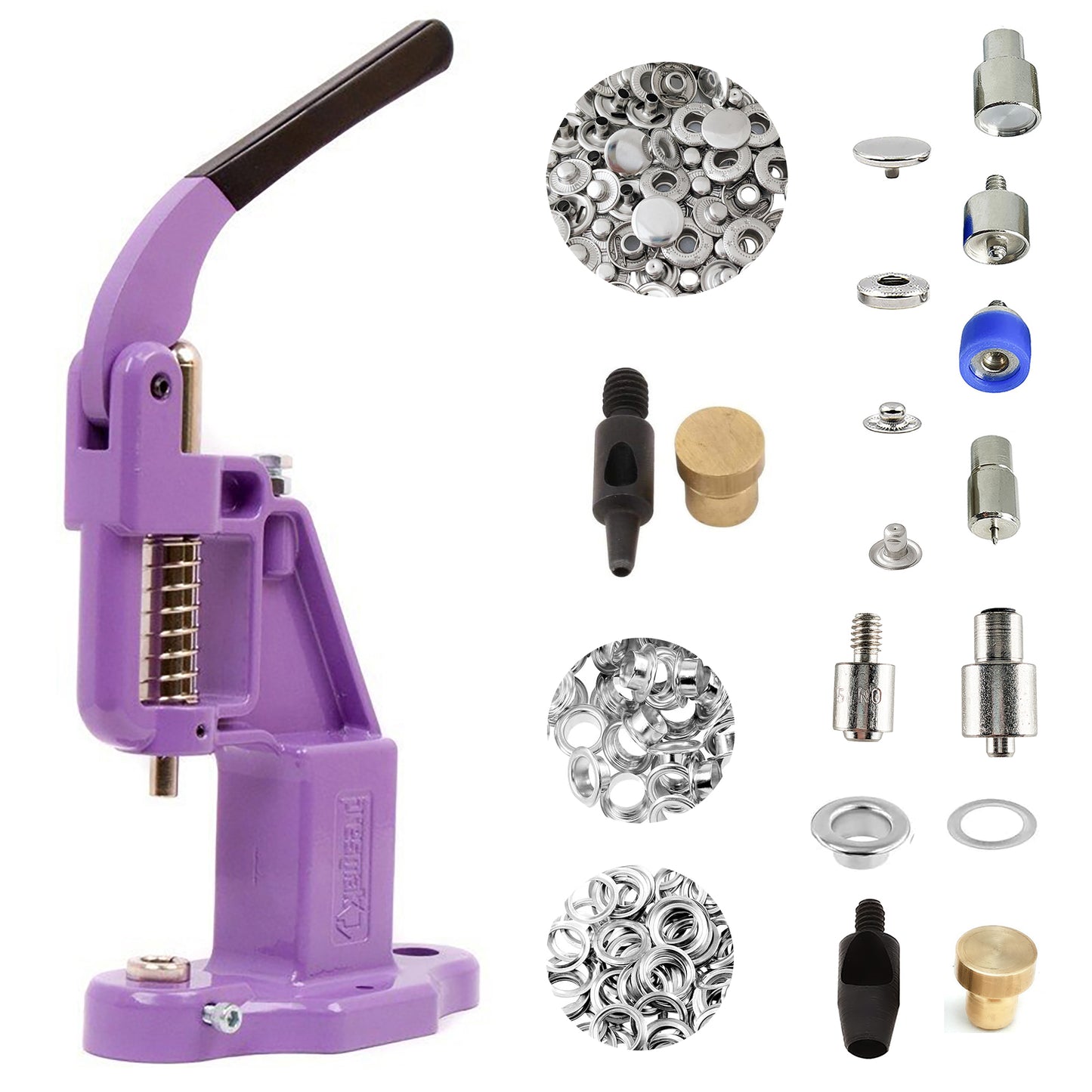 Hobby Trendy Hand Press with Rust Free Steel 50 Sets Ln24 15mm Fashion Spring Glove Snaps and 50 Sets Brass 8 mm (Nr5) Eyelets, Matching Dies and Hole Punches For Leather Bags Jeans