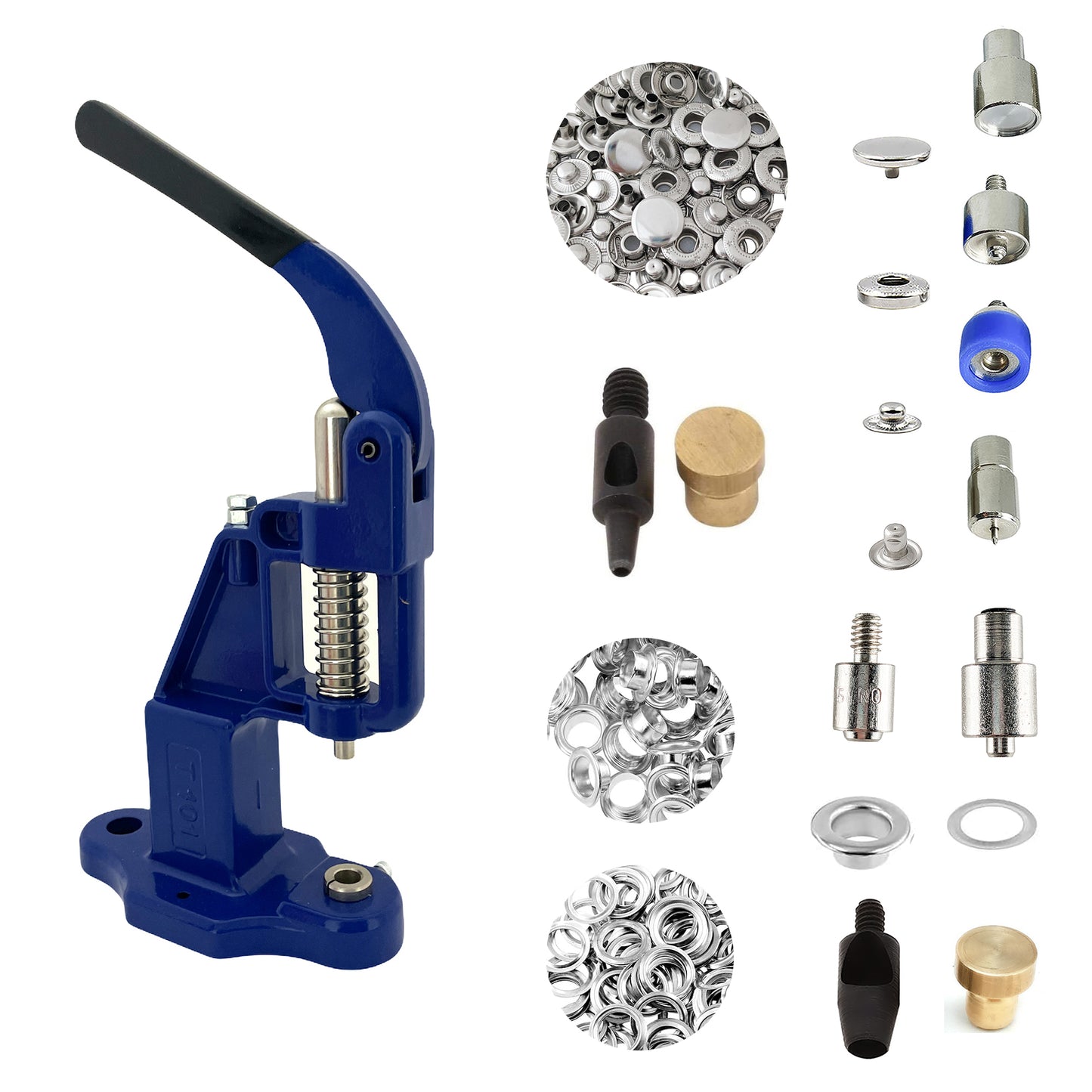 Hobby Trendy Hand Press with Rust Free Steel 50 Sets Ln24 15mm Fashion Spring Glove Snaps and 50 Sets Brass 8 mm (Nr5) Eyelets, Matching Dies and Hole Punches For Leather Bags Jeans