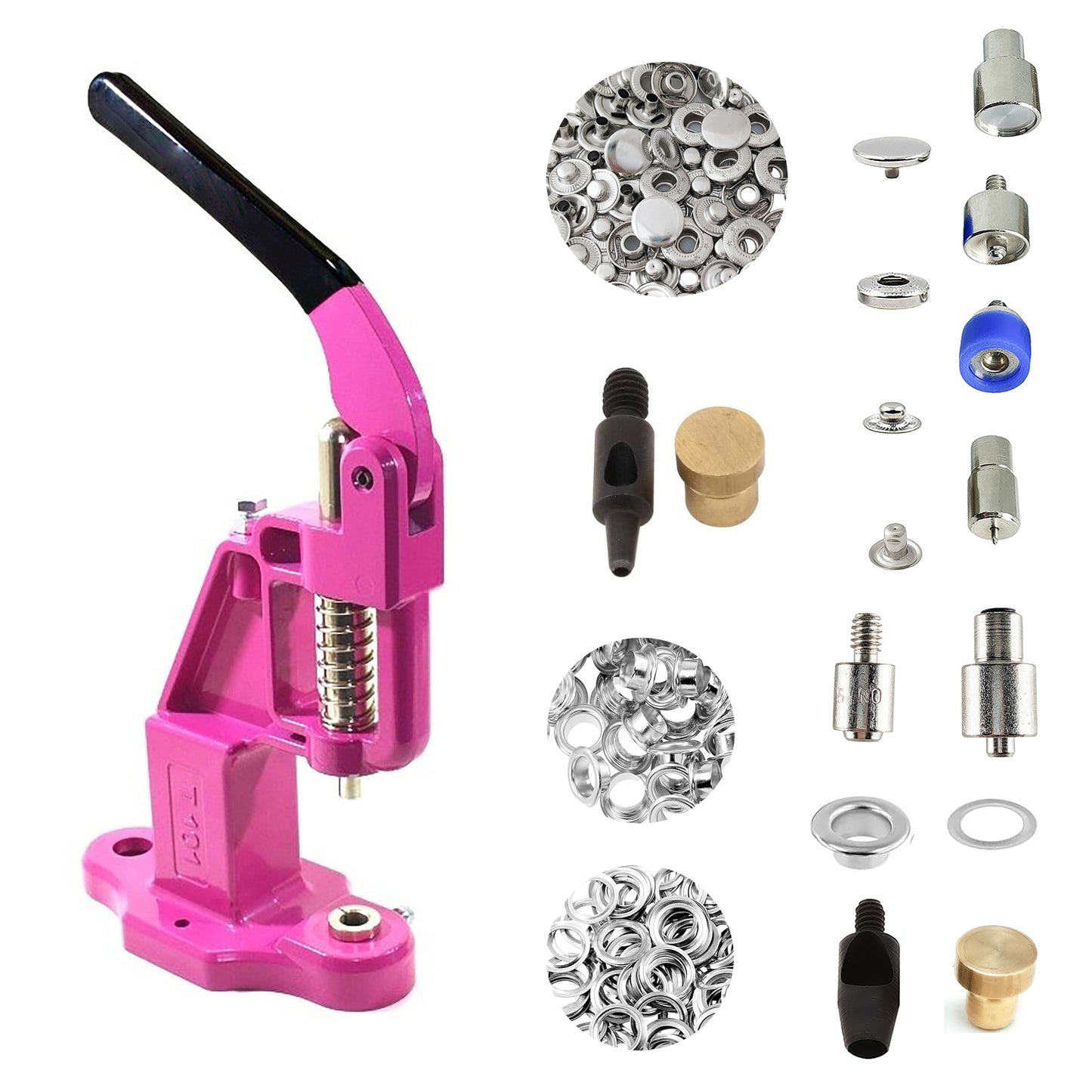 Hobby Trendy Hand Press with Rust Free Steel 50 Sets Ln24 15mm Fashion Spring Glove Snaps and 50 Sets Brass 8 mm (Nr5) Eyelets, Matching Dies and Hole Punches For Leather Bags Jeans