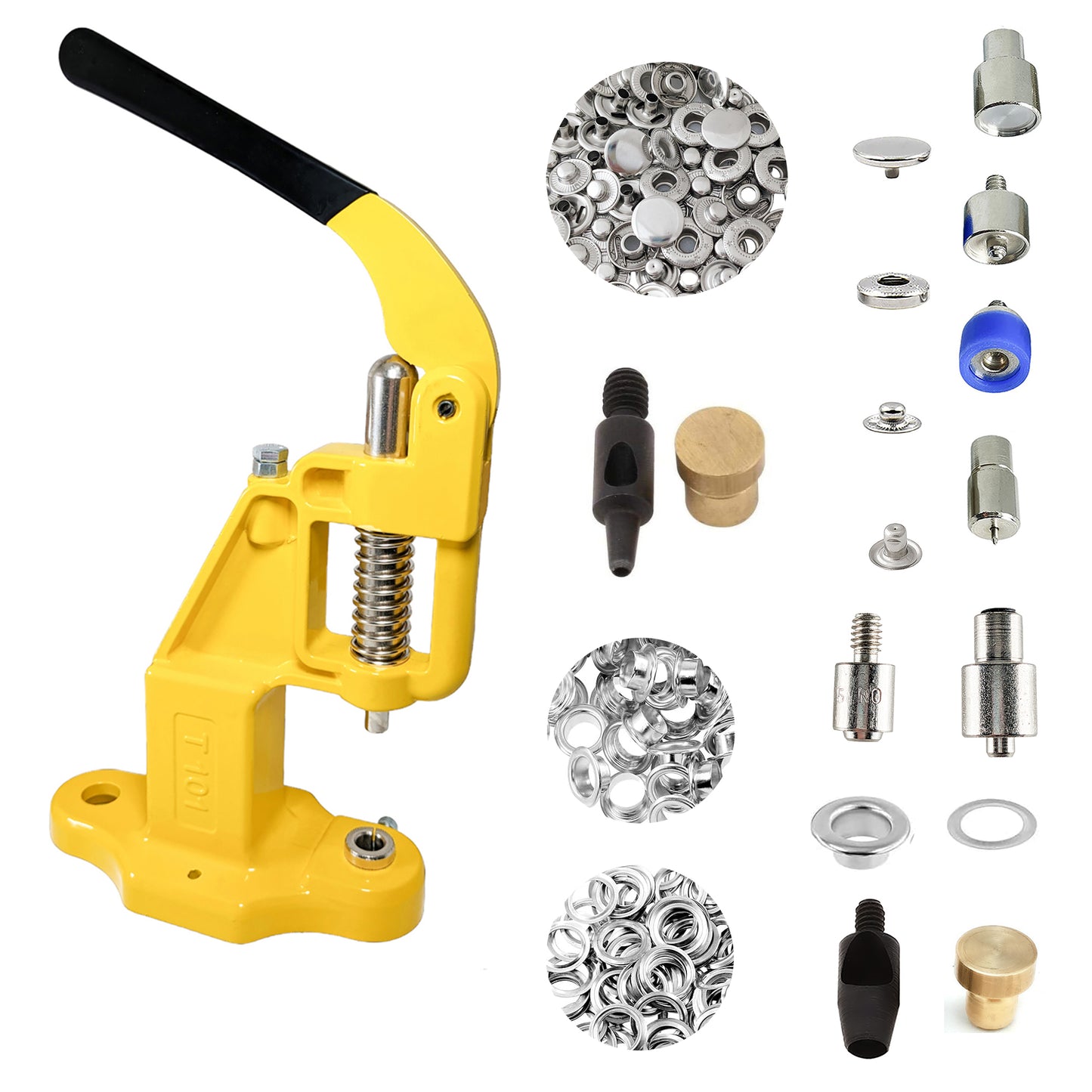 Hobby Trendy Hand Press with Rust Free Steel 50 Sets Ln24 15mm Fashion Spring Glove Snaps and 50 Sets Brass 8 mm (Nr5) Eyelets, Matching Dies and Hole Punches For Leather Bags Jeans