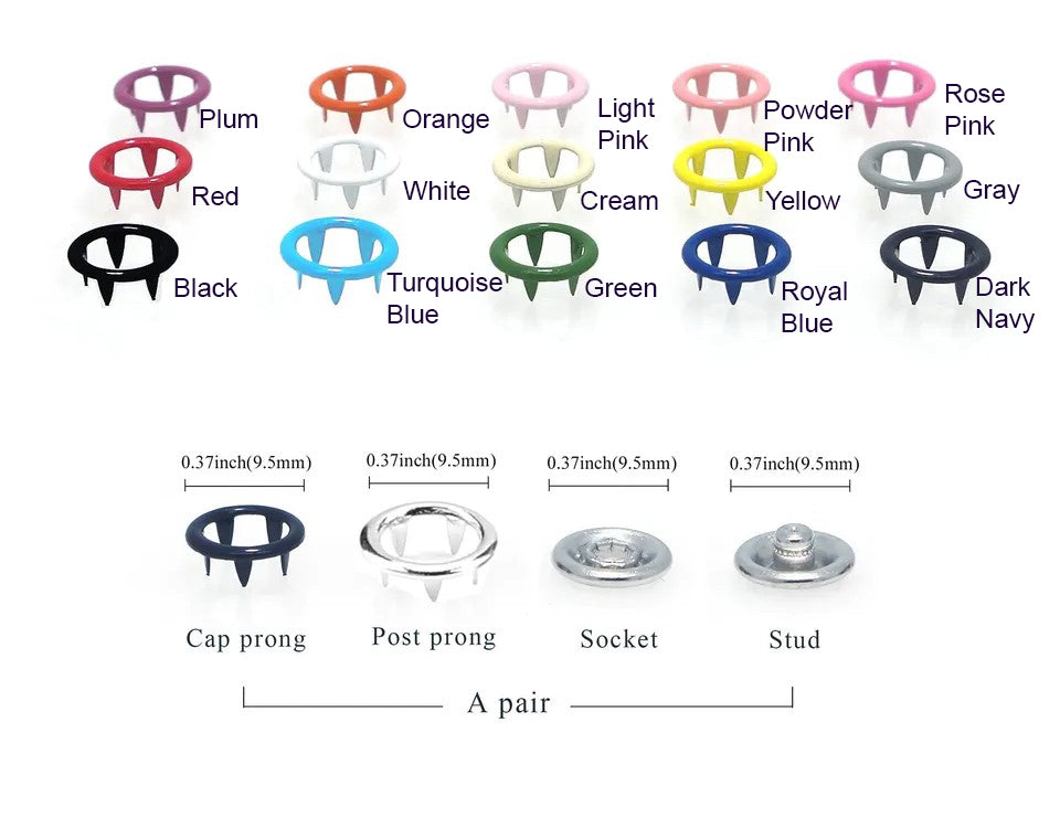 9.5 mm Prong Open Ring Snaps in 15 colors- 50 Sets