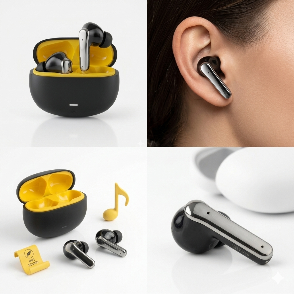 NEW-V75 Wireless Earbuds – Bluetooth 5.4 HiFi Stereo Headphones with 25H Playtime & Noise Reduction – Black