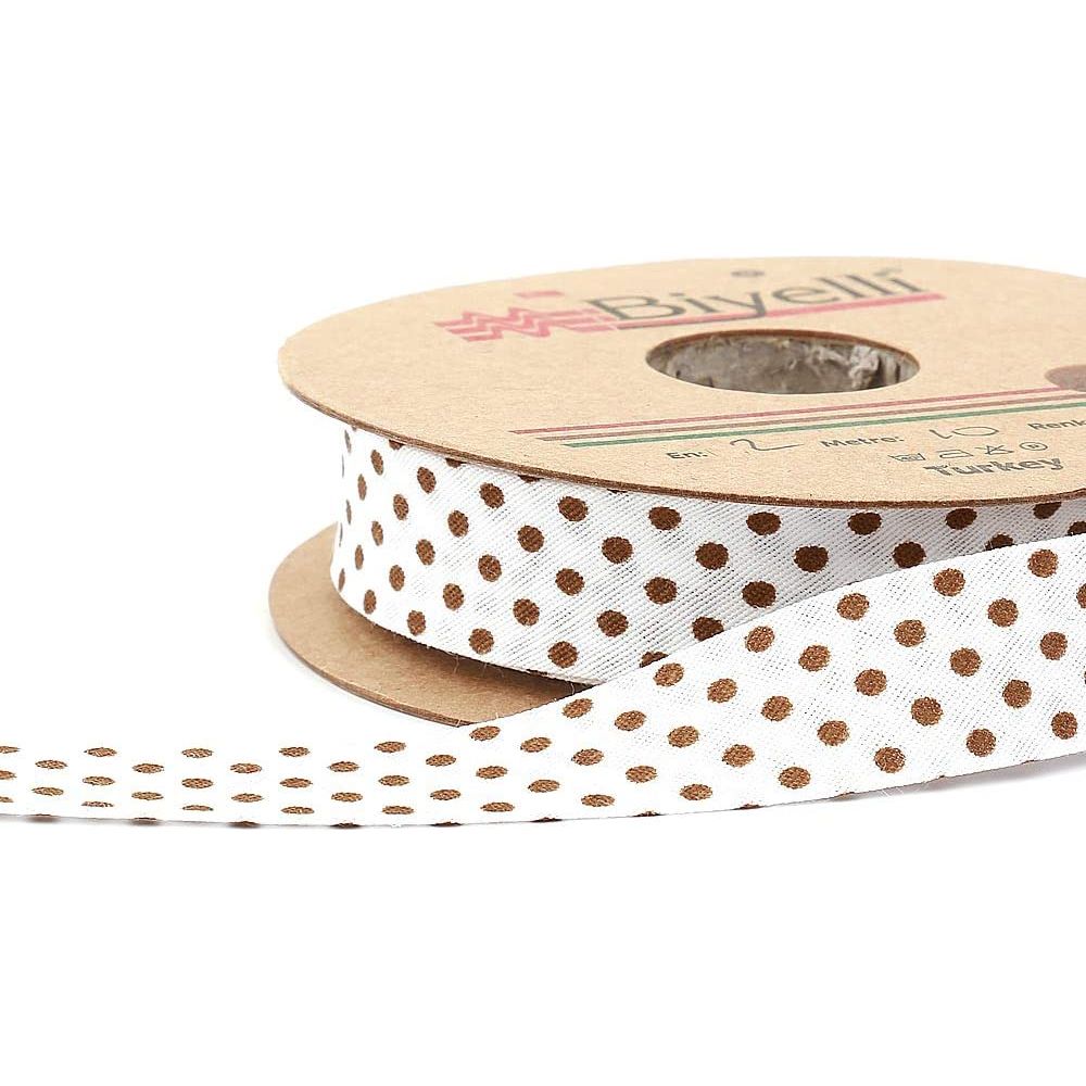 white bias binding tape with polka dots (single fold) 20mm-13/16inch (10meters-10.93yds) various colors, diy garment accessories brown