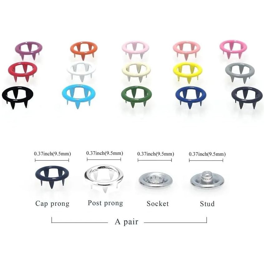 Hand Press with 600 Sets (2400 Pieces) Color and Silver 9.5 mm Open Ring Enamel Prong Snap Buttons with Setting Dies