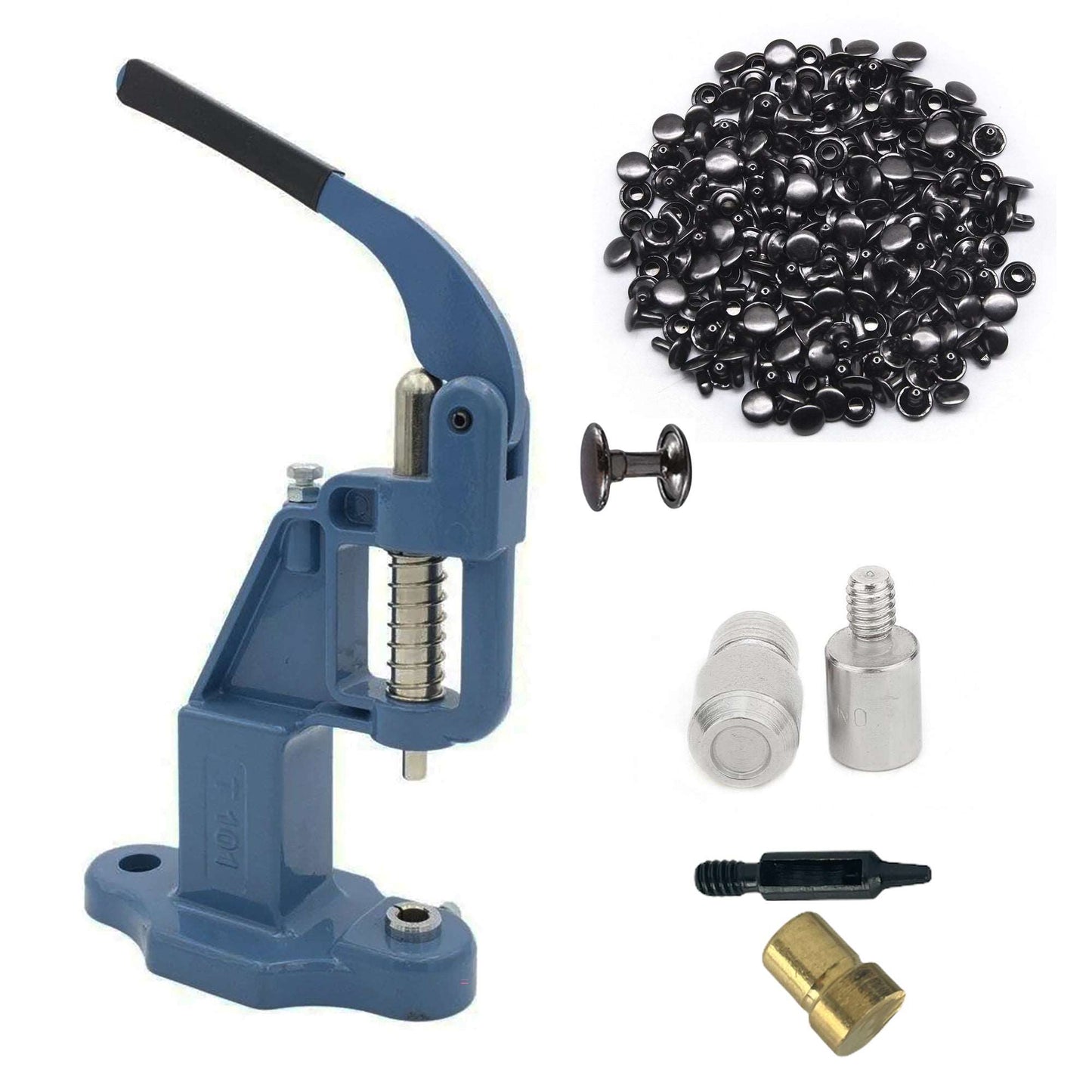 Double Cap 9mm Rivets Kit (1000 pcs) with Hand Press Machine, Dies and Hole Punch