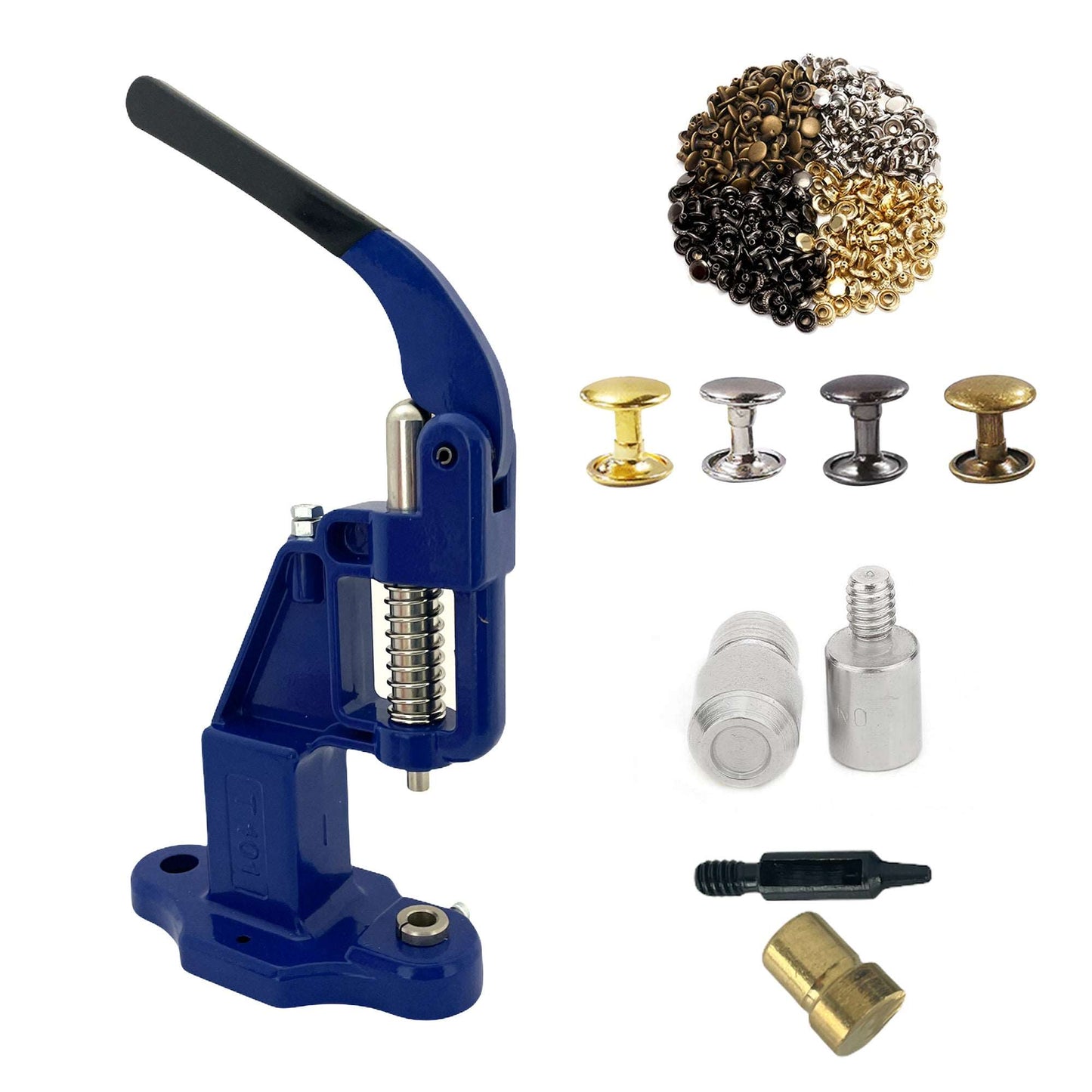 Double Cap 9mm Rivets Kit (1000 pcs) with Hand Press Machine, Dies and Hole Punch